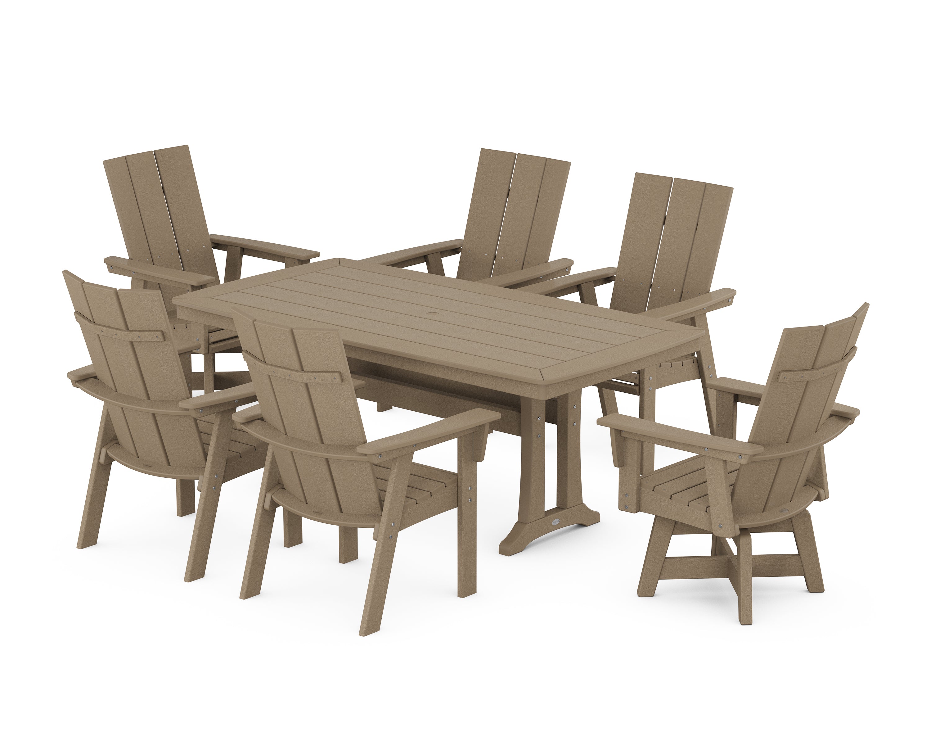 POLYWOOD Modern Adirondack Swivel Chair 7-Piece Dining Set with Trestle Legs in Vintage Sahara