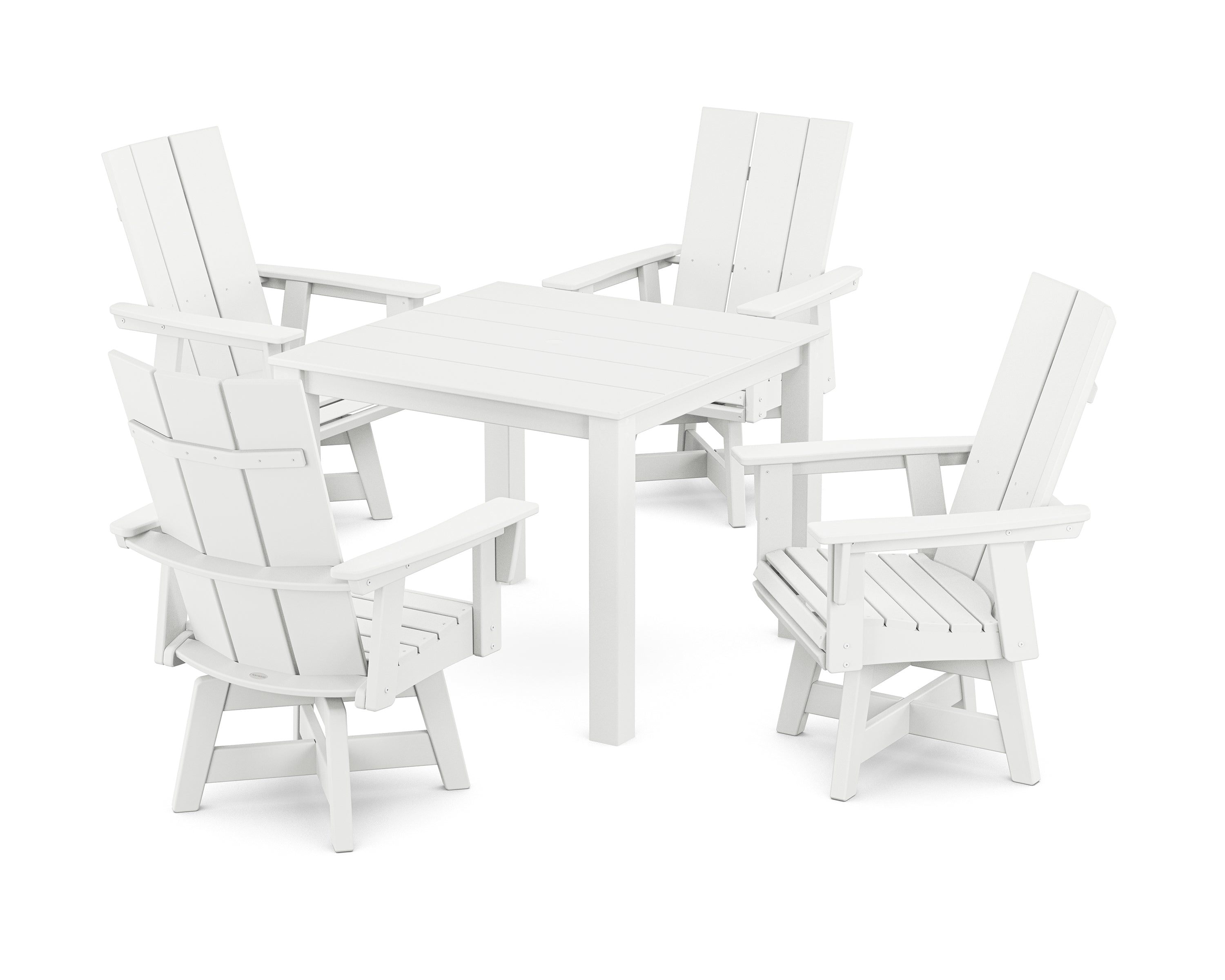 POLYWOOD® Modern Curveback Adirondack 5-Piece Parsons Swivel Dining Set in White