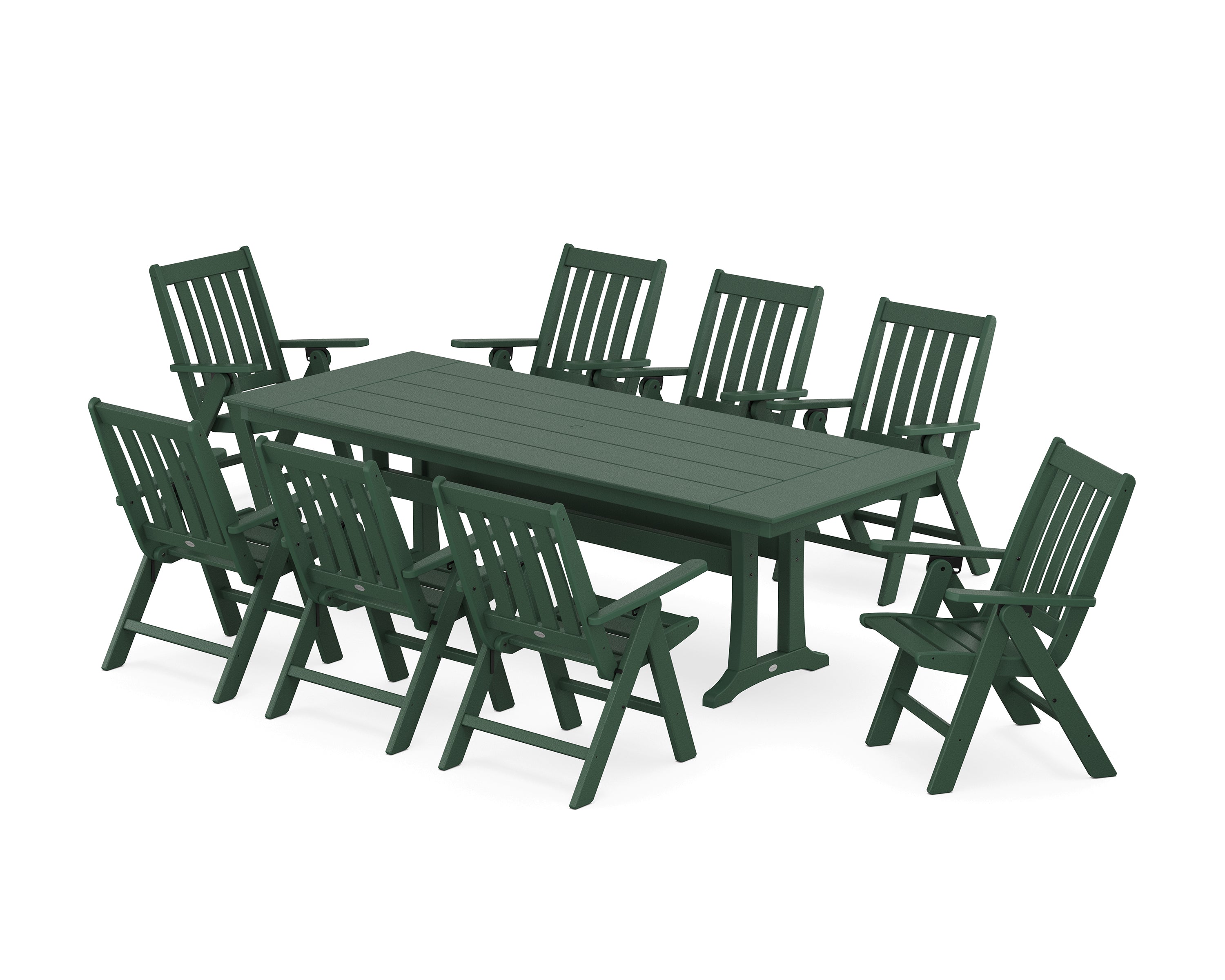POLYWOOD® Vineyard Folding 9-Piece Farmhouse Dining Set with Trestle Legs in Green