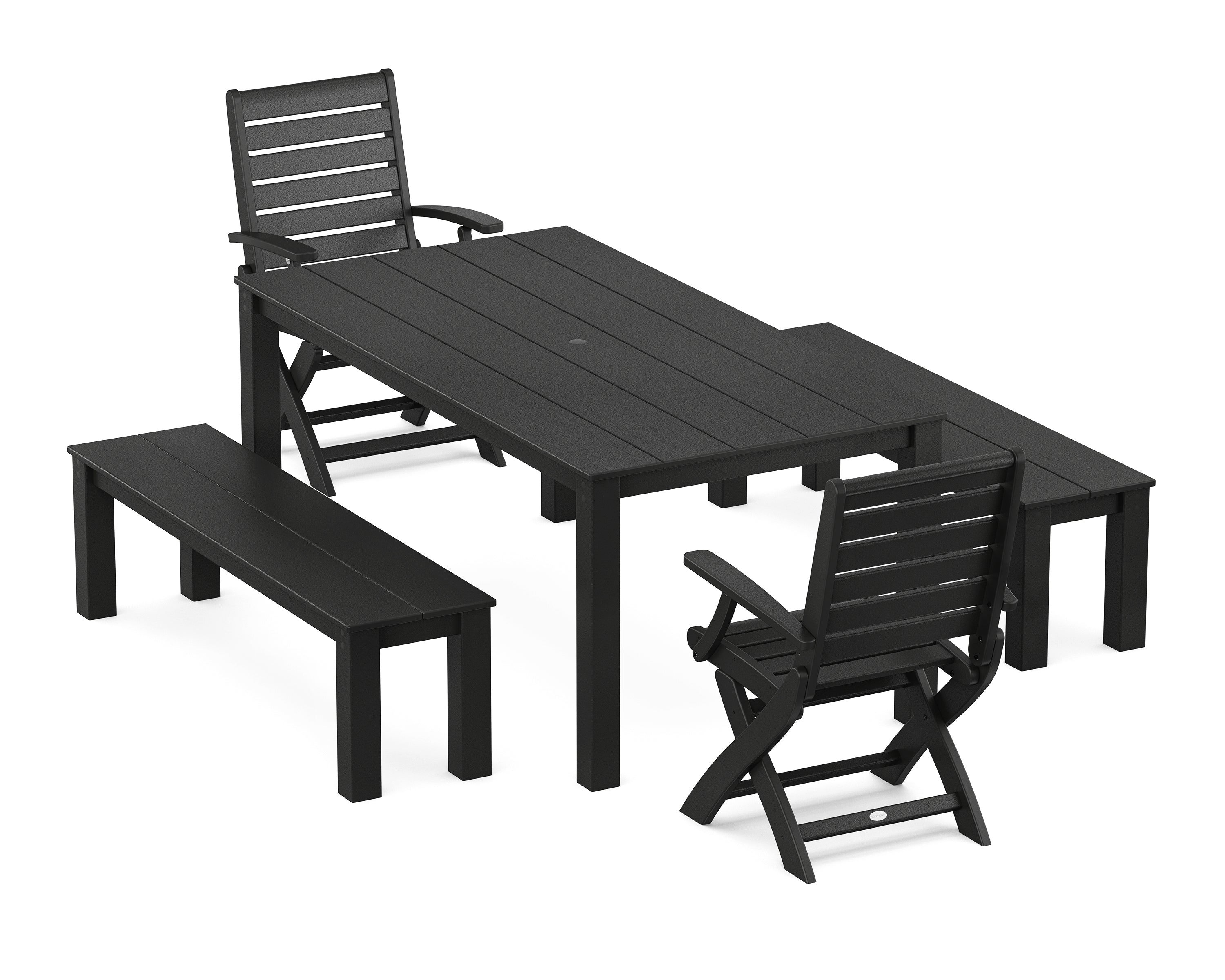 POLYWOOD Signature Folding Chair 5-Piece Parsons Dining Set with Benches in Black