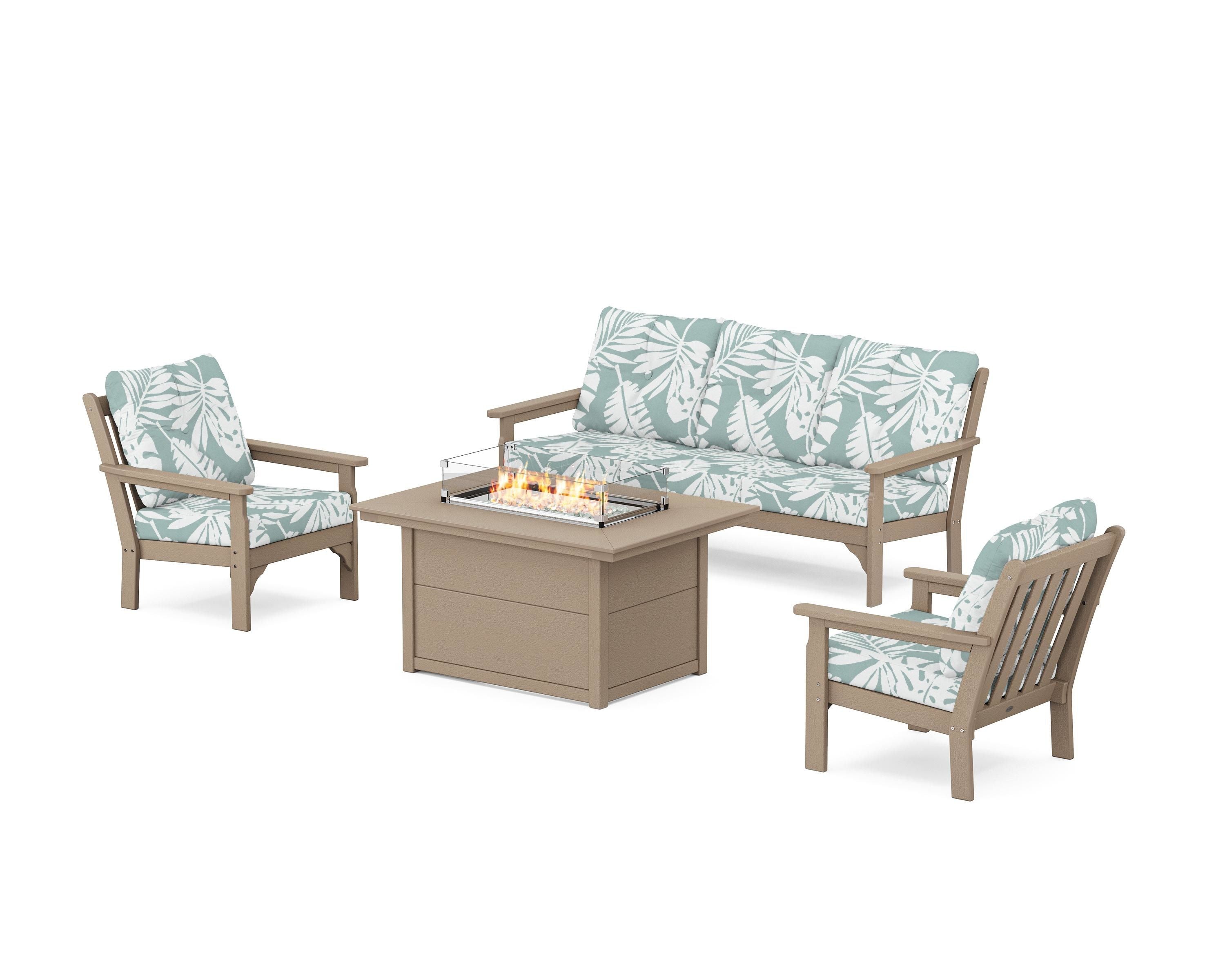 POLYWOOD Vineyard Deep Seating Fire Pit Table Set in Vintage Sahara / Leaf Glacier Spa