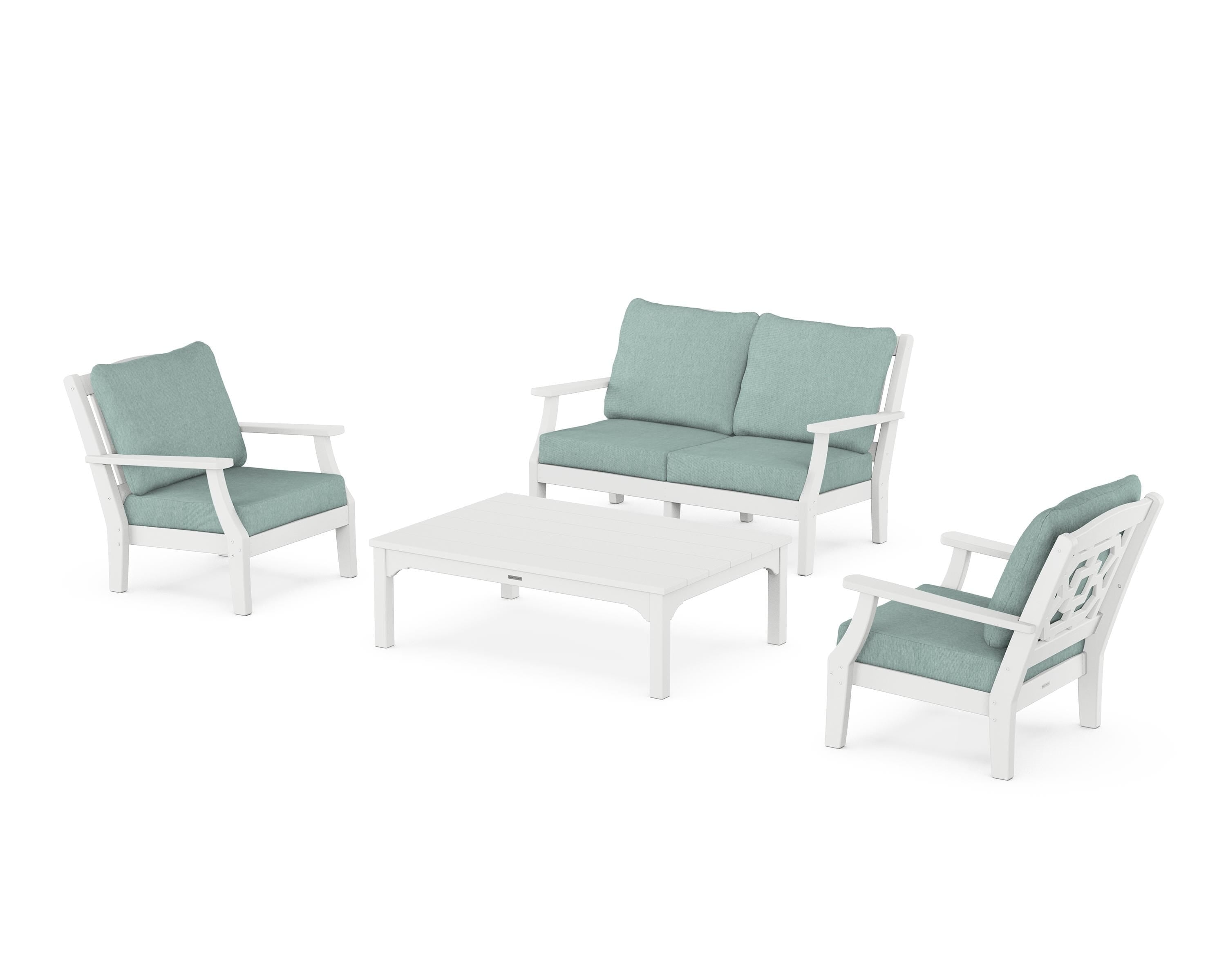 Martha Stewart by POLYWOOD Chinoiserie 4-Piece Deep Seating Set with Loveseat in White / Glacier Spa