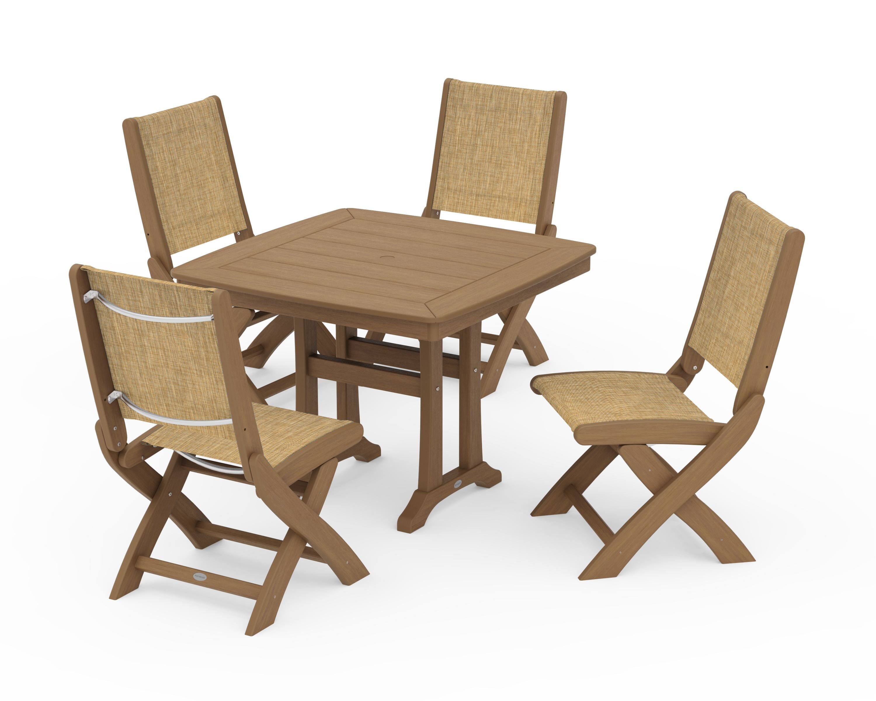 POLYWOOD Coastal Folding Side Chair 5-Piece Dining Set with Trestle Legs in Natural / Burlap Sling