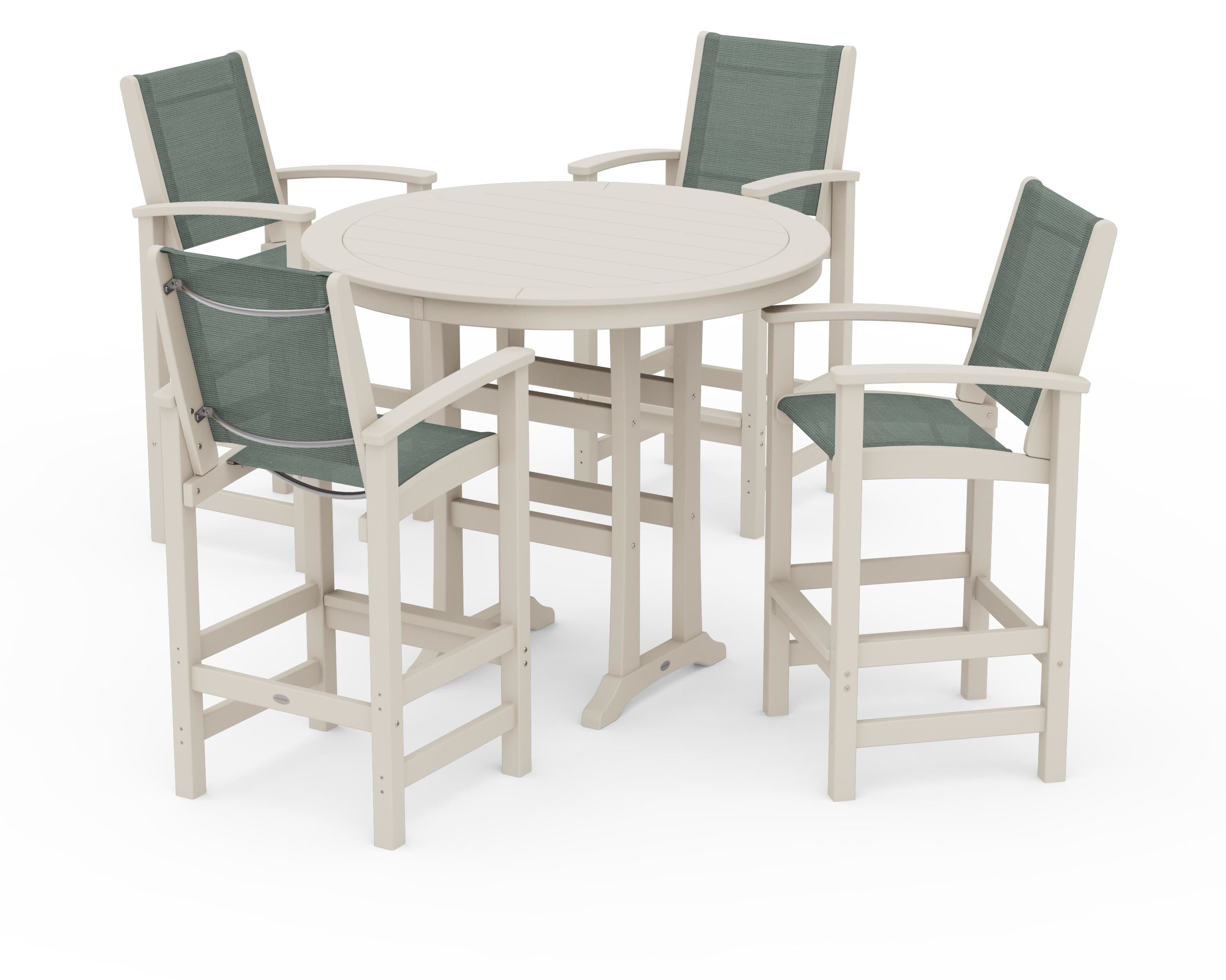 POLYWOOD Coastal 5-Piece Nautical Trestle Bar Set in Sand / Dupioni Sea Mist Sling