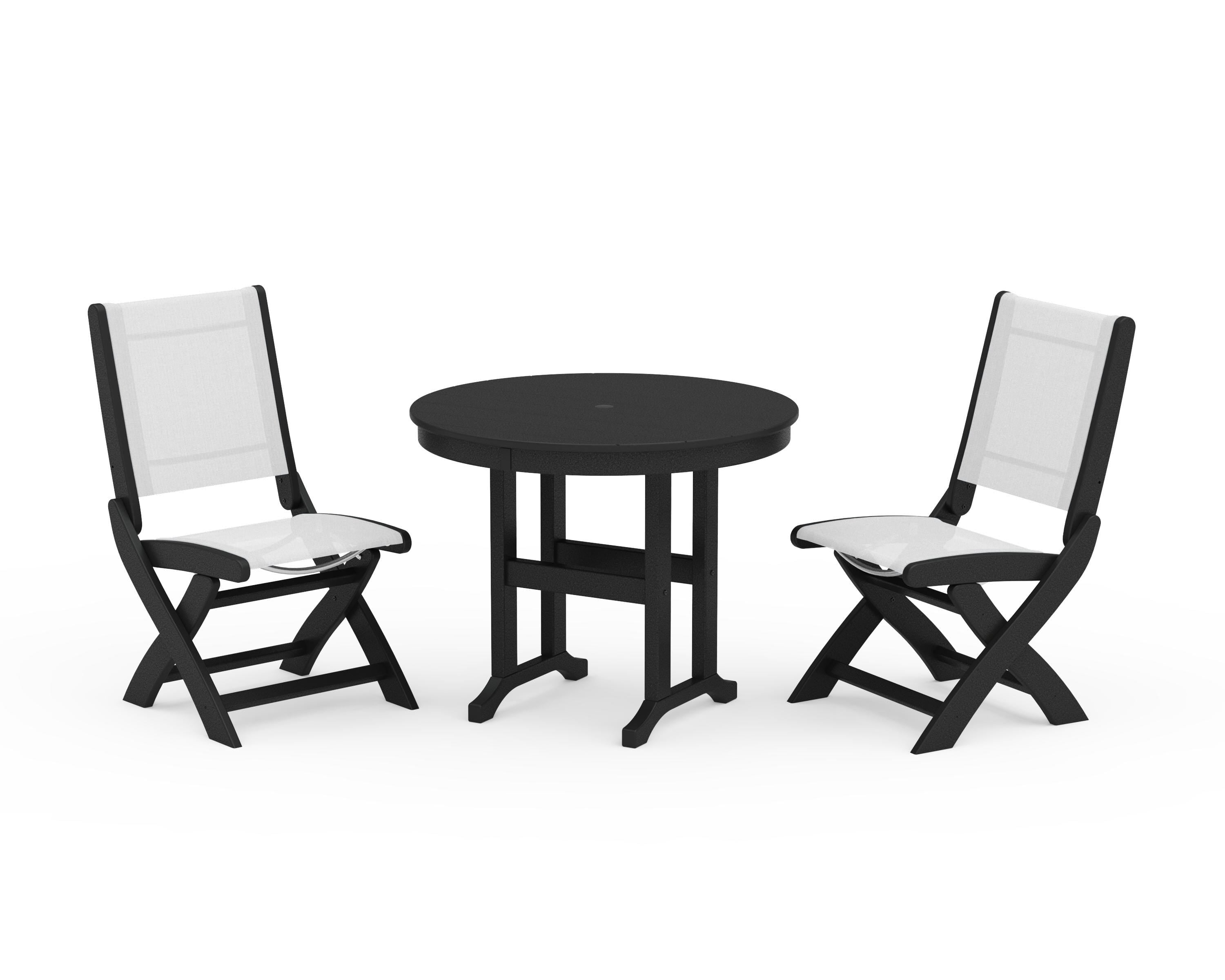 POLYWOOD Coastal Folding Side Chair 3-Piece Round Dining Set in Black / White Sling