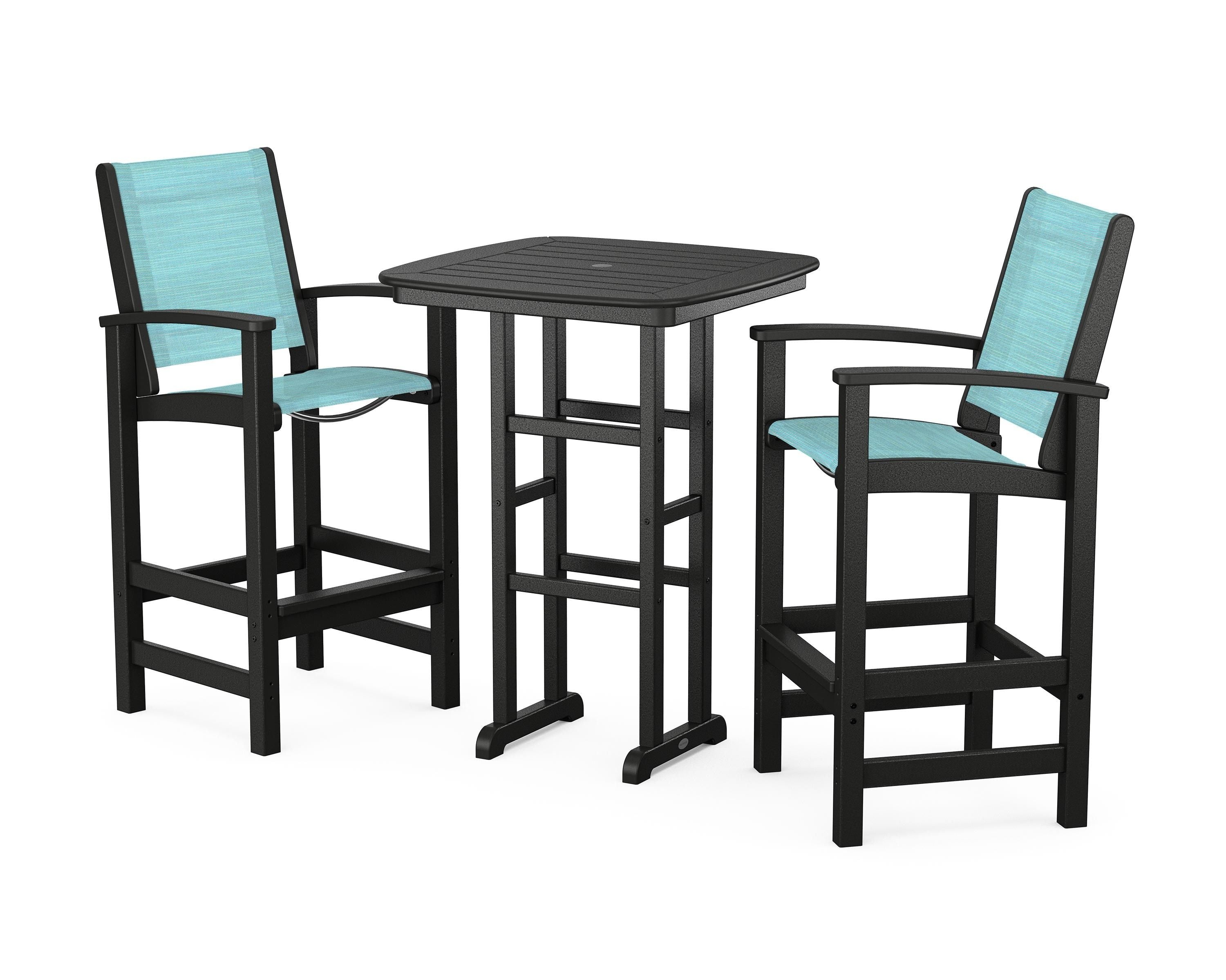 POLYWOOD Coastal 3-Piece Bar Set in Black / Dupioni Aquamarine Sling