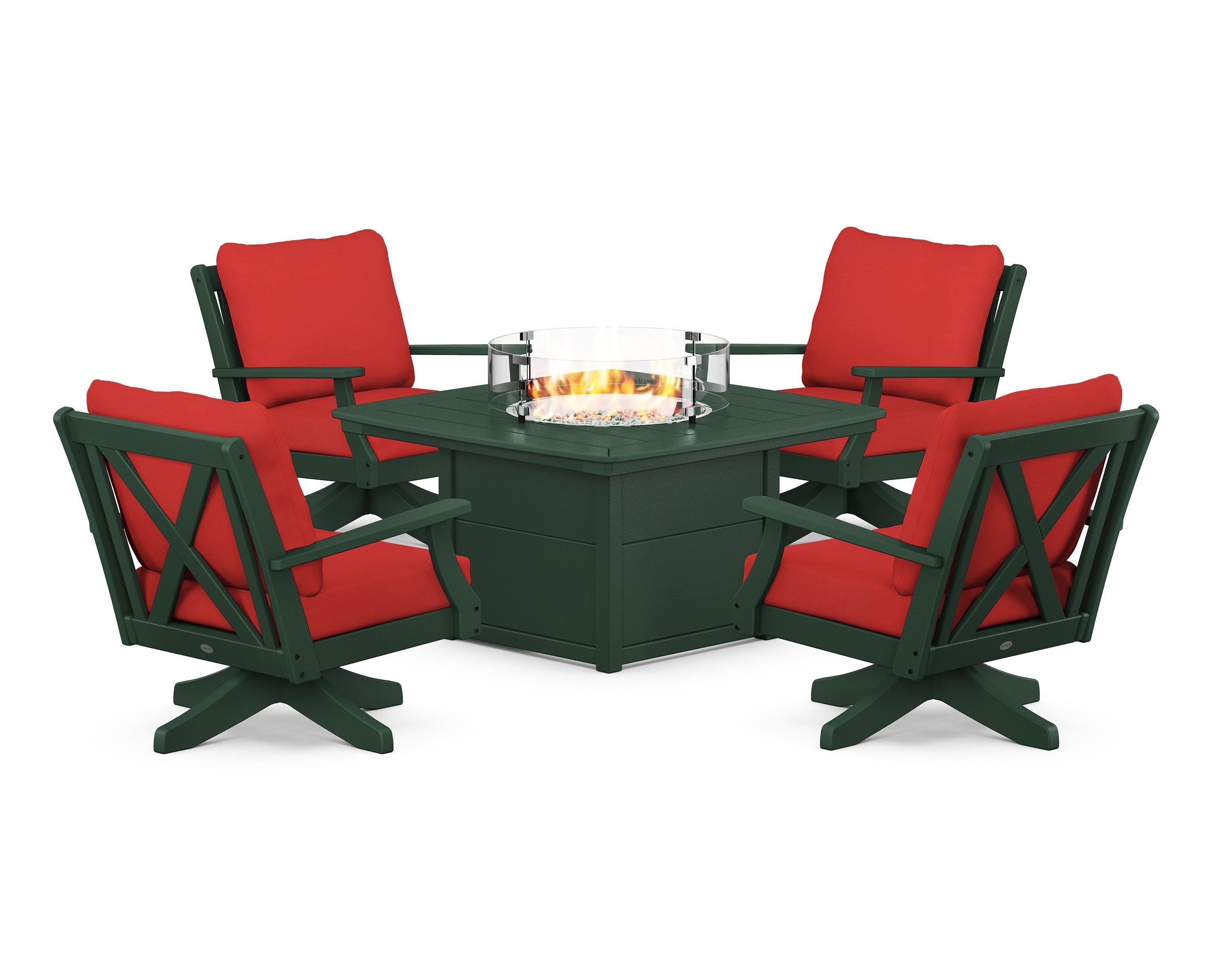 POLYWOOD Braxton 5-Piece Deep Seating Swivel Conversation Set with Fire Pit Table in Green / Crimson Linen
