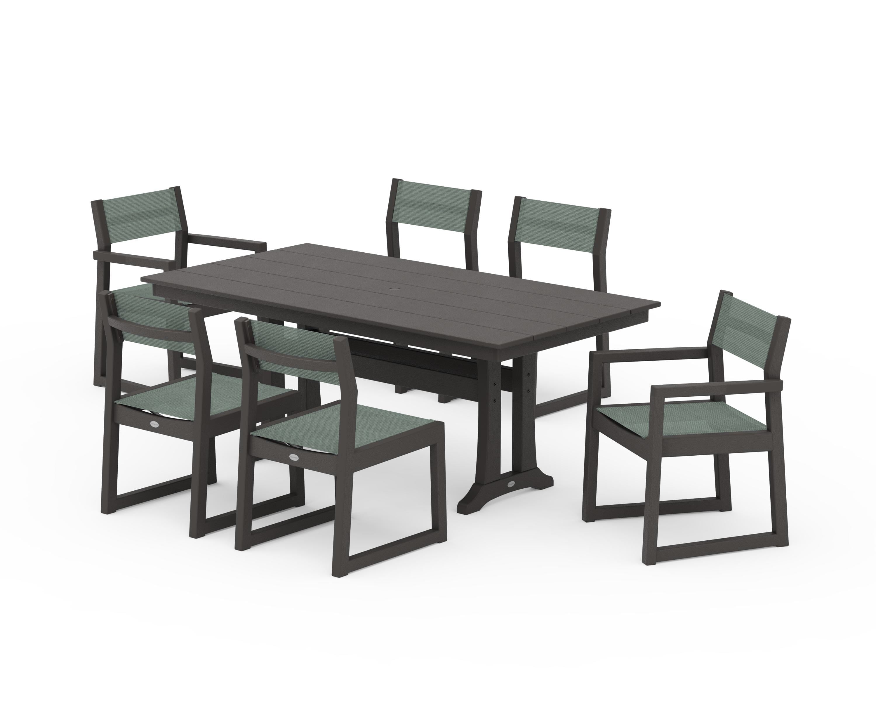 POLYWOOD EDGE Sling 7-Piece Farmhouse Trestle Dining Set in Vintage Coffee / Dupioni Sea Mist Sling