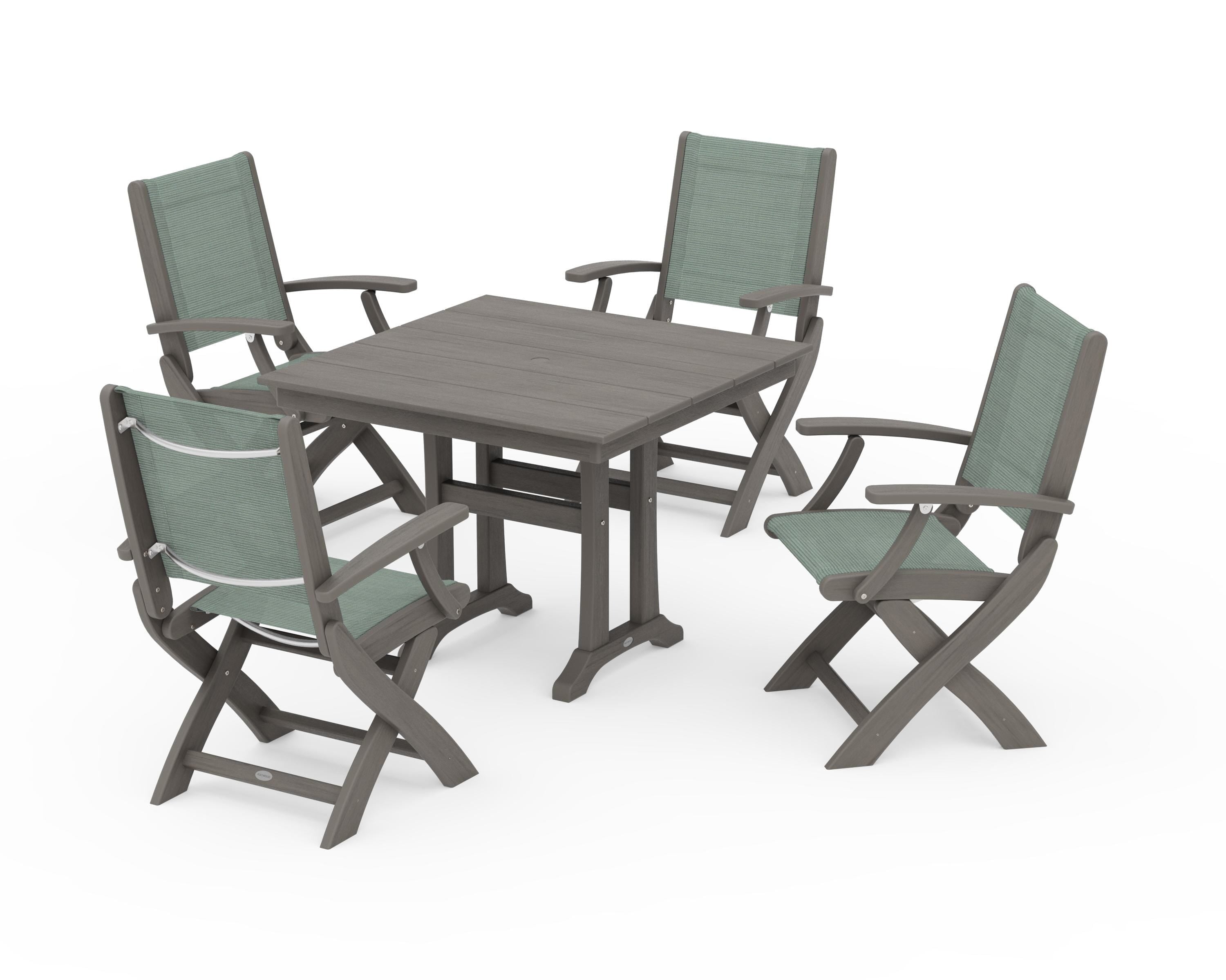 POLYWOOD Coastal Folding Chair 5-Piece Farmhouse Dining Set With Trestle Legs in Driftwood / Dupioni Sea Mist Sling