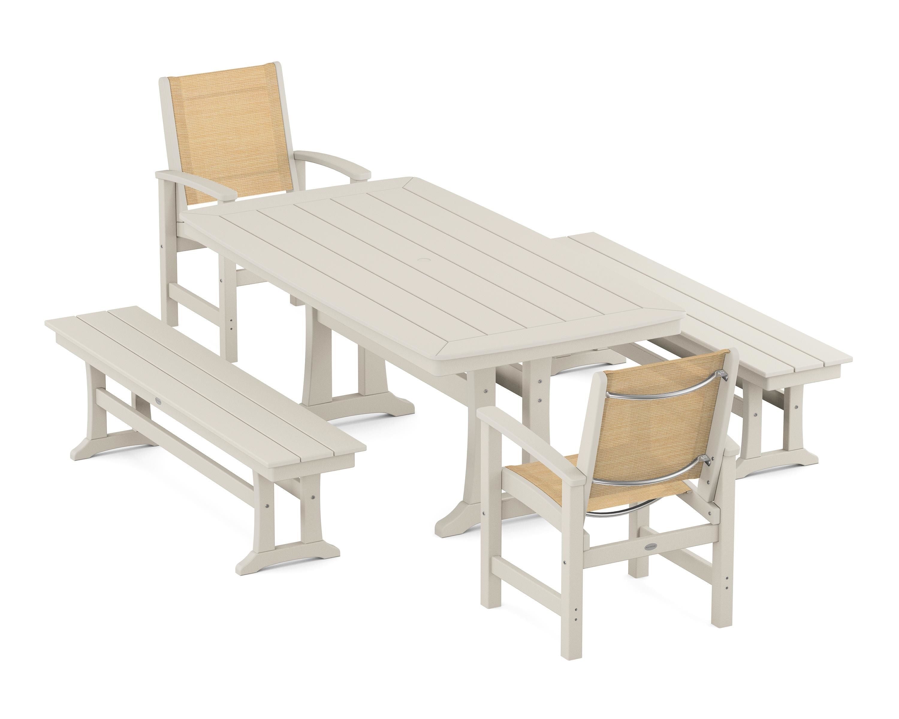 POLYWOOD Coastal 5-Piece Dining Set with Trestle Legs and Benches in Sand / Dupioni Apricot Sling