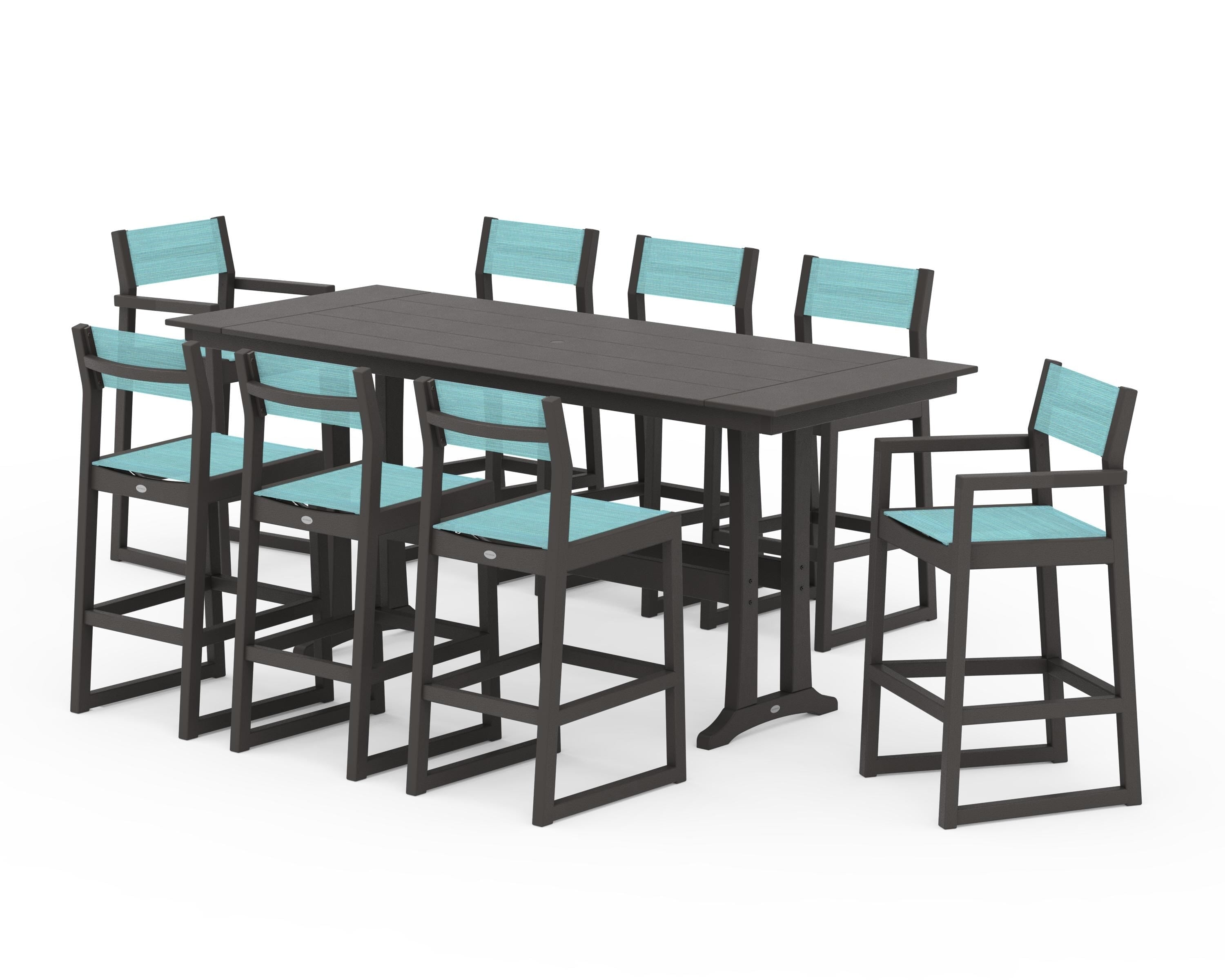 POLYWOOD EDGE Sling 9-Piece Farmhouse Bar Set with Trestle Legs in Vintage Coffee / Dupioni Aquamarine Sling