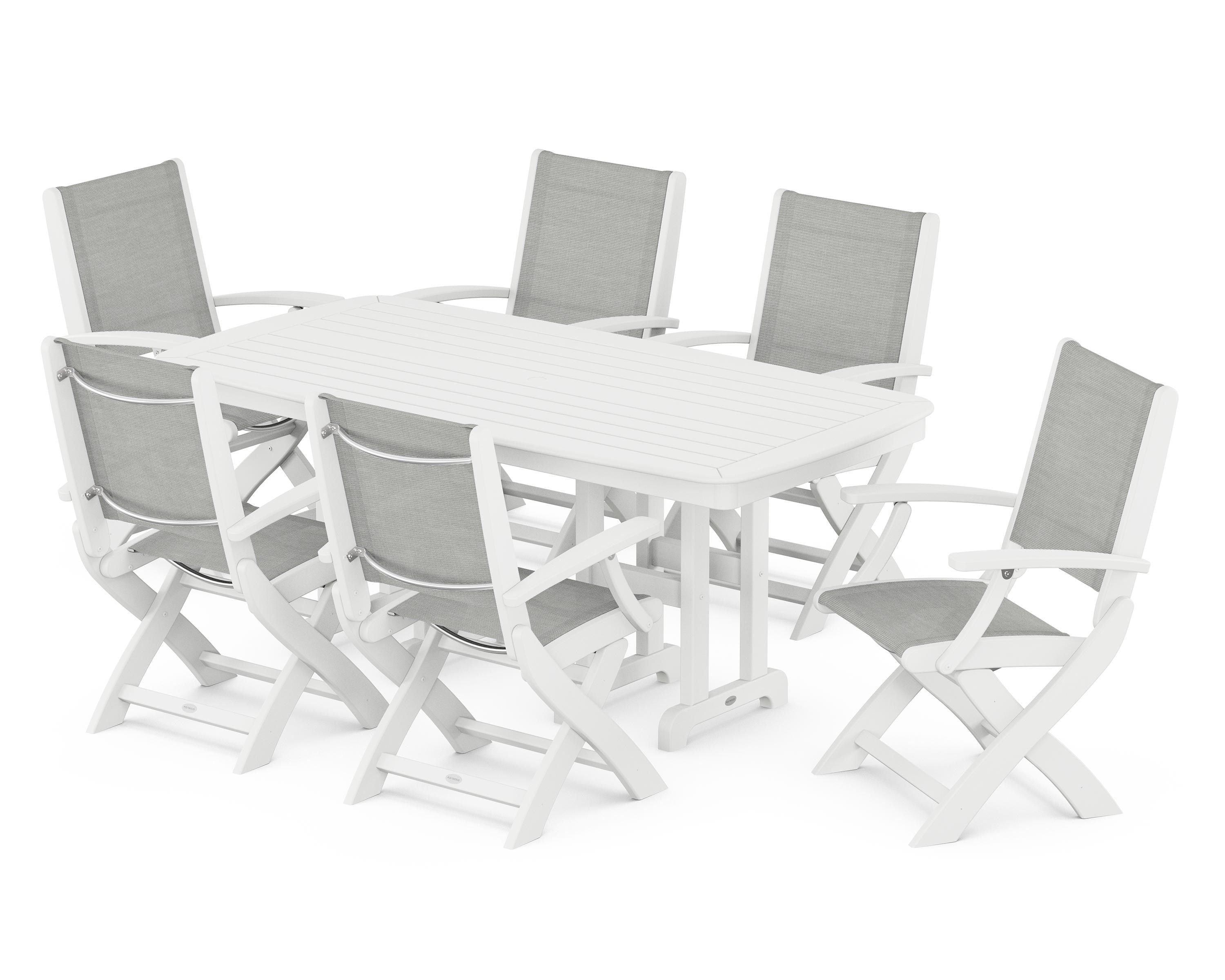 POLYWOOD Coastal Folding Arm Chair 7-Piece Dining Set in White / Metallic Sling