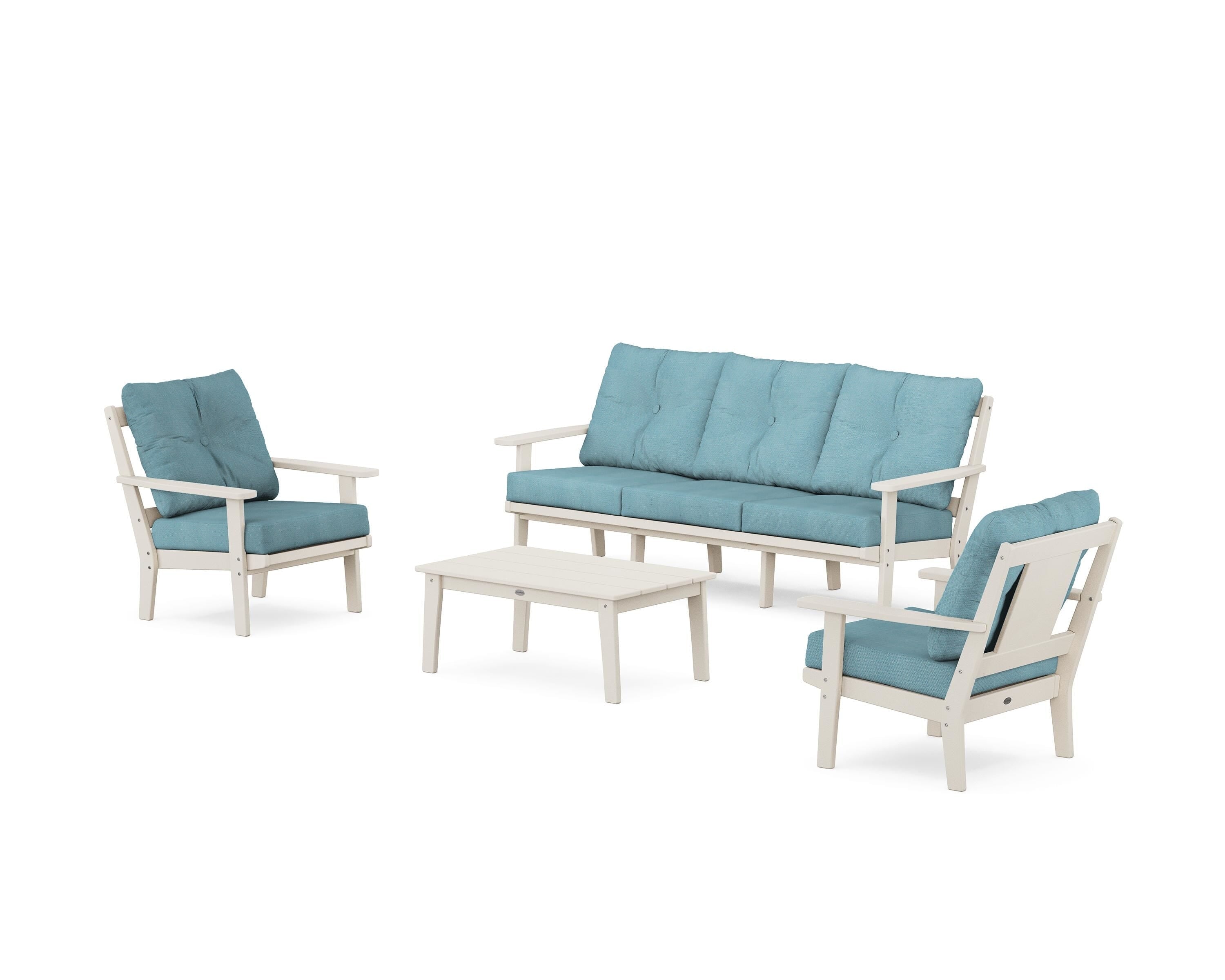 POLYWOOD Prairie 4-Piece Deep Seating Set with Sofa in Sand / Lattice Sky Blue