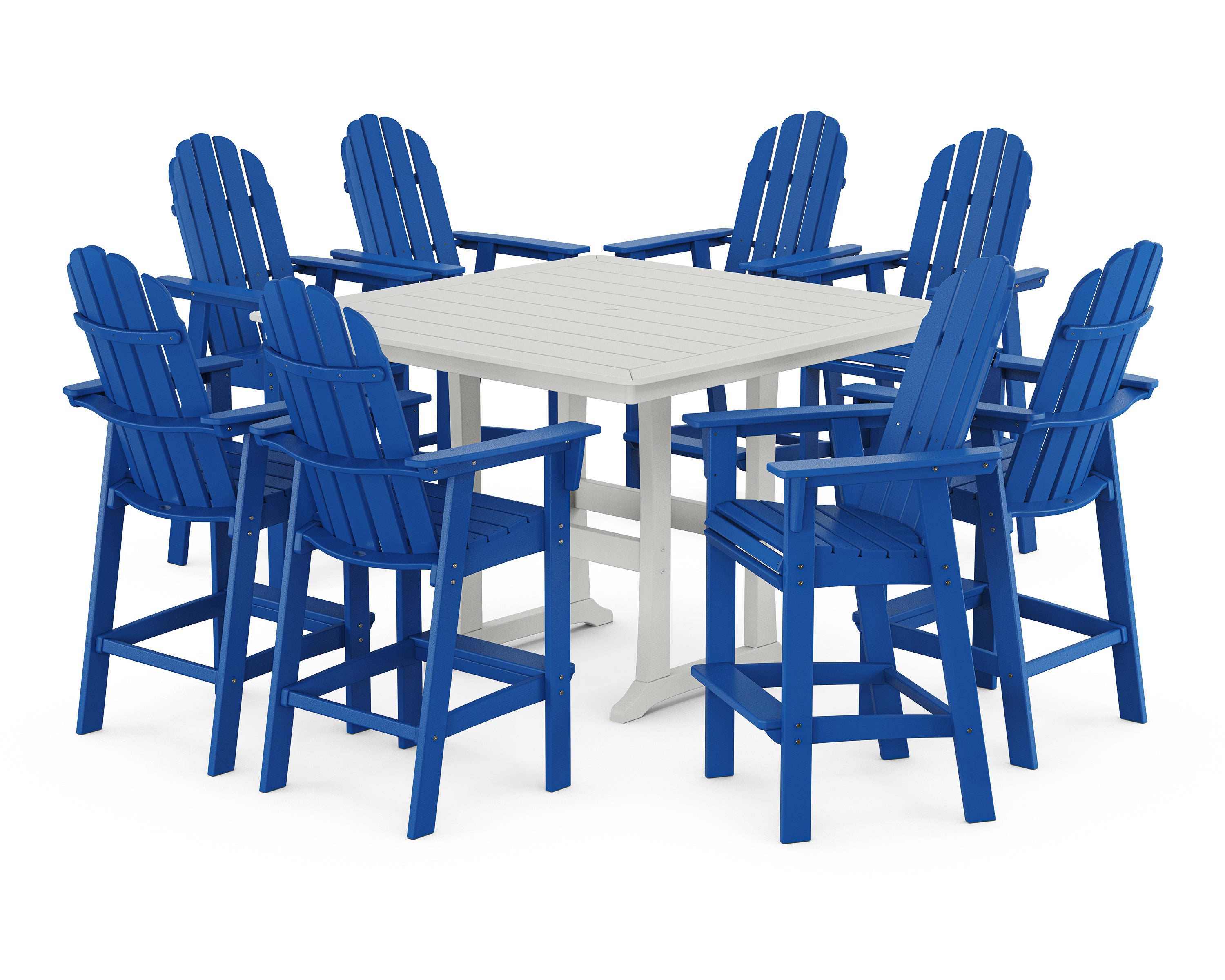 POLYWOOD® Vineyard Curveback Adirondack 9-Piece Trestle Bar Set in Pacific Blue / White