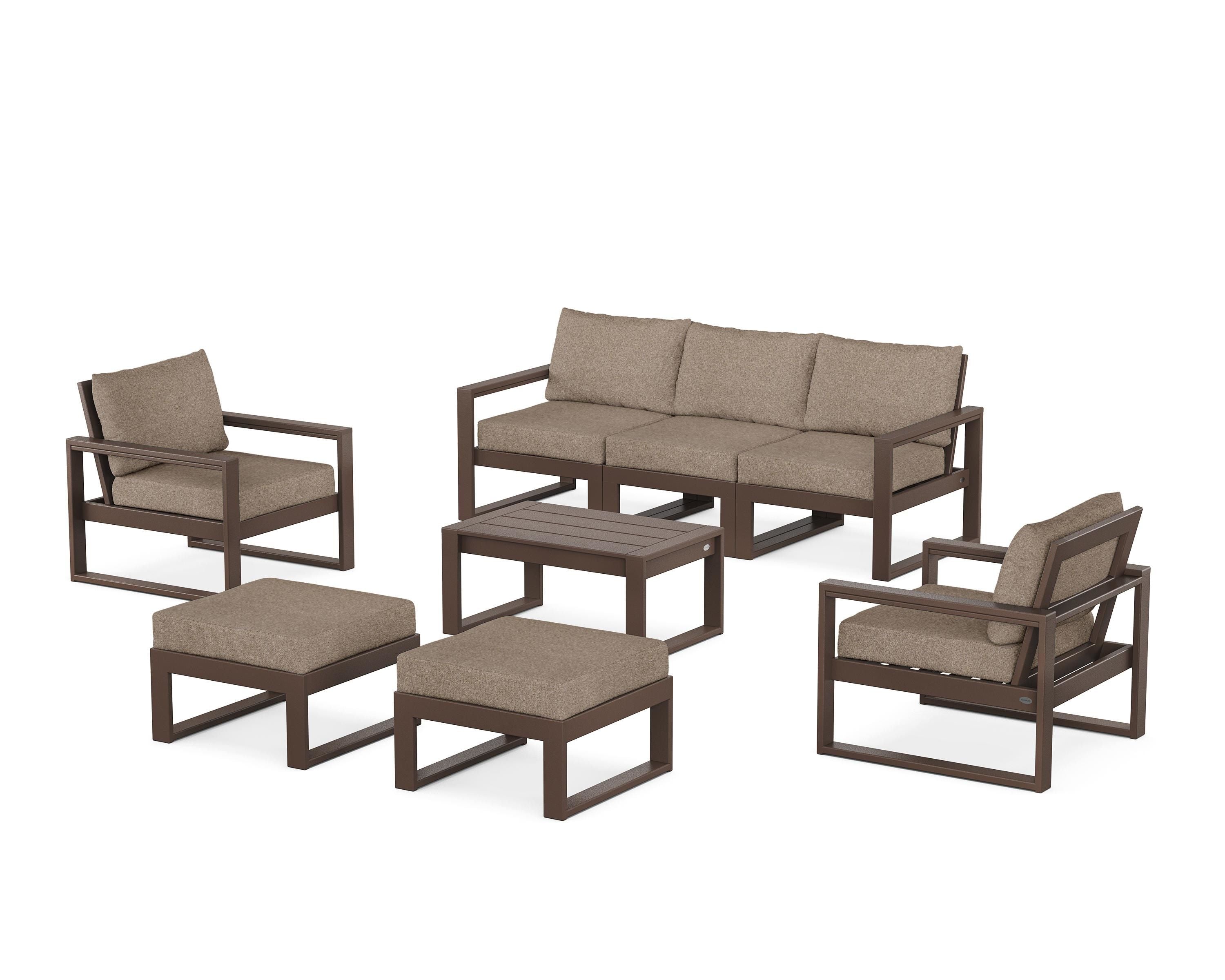 POLYWOOD EDGE Sectional 8-Piece Lounge Sofa Set in Mahogany / Spiced Burlap