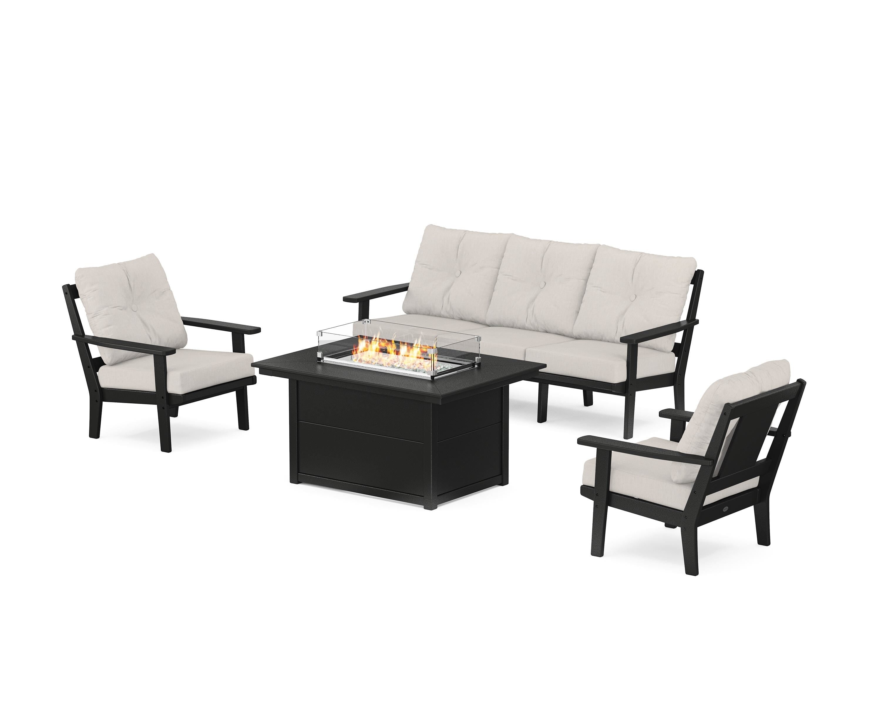 POLYWOOD Prairie Deep Seating Fire Pit Table Set in Black / Cast Ash