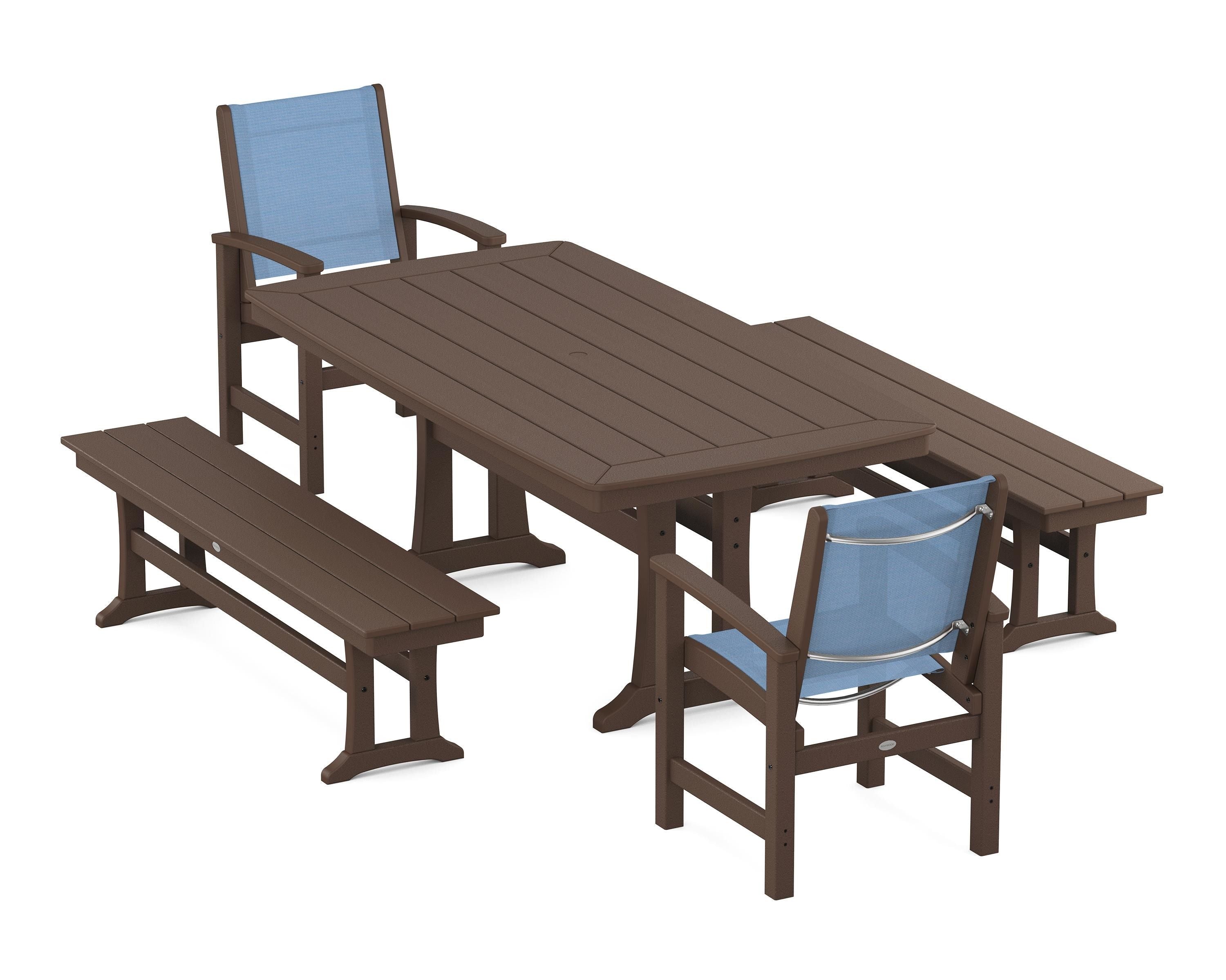 POLYWOOD Coastal 5-Piece Dining Set with Trestle Legs and Benches in Mahogany / Poolside Sling