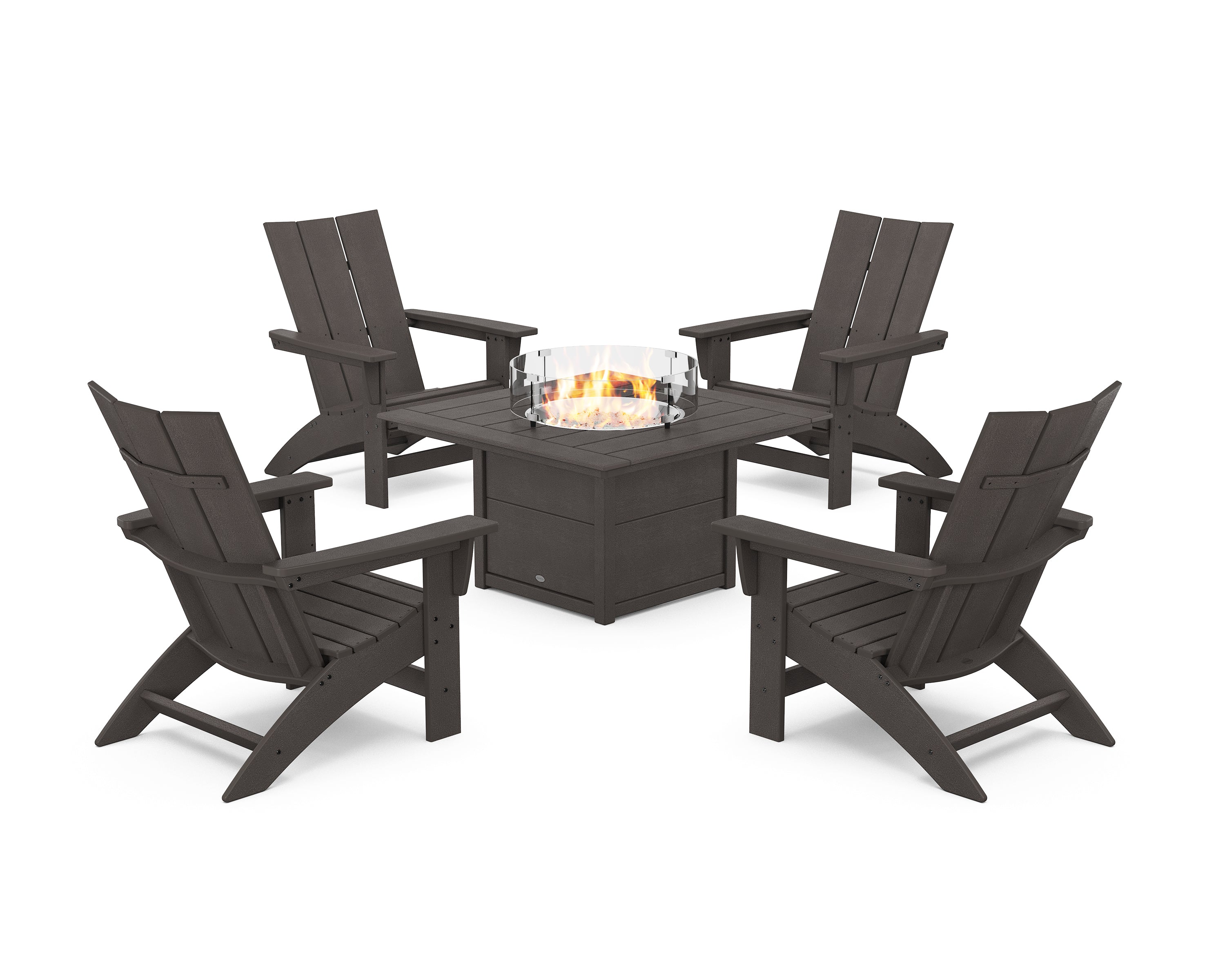 POLYWOOD 5-Piece Modern Grand Adirondack Conversation Set with Fire Pit Table in Vintage Coffee