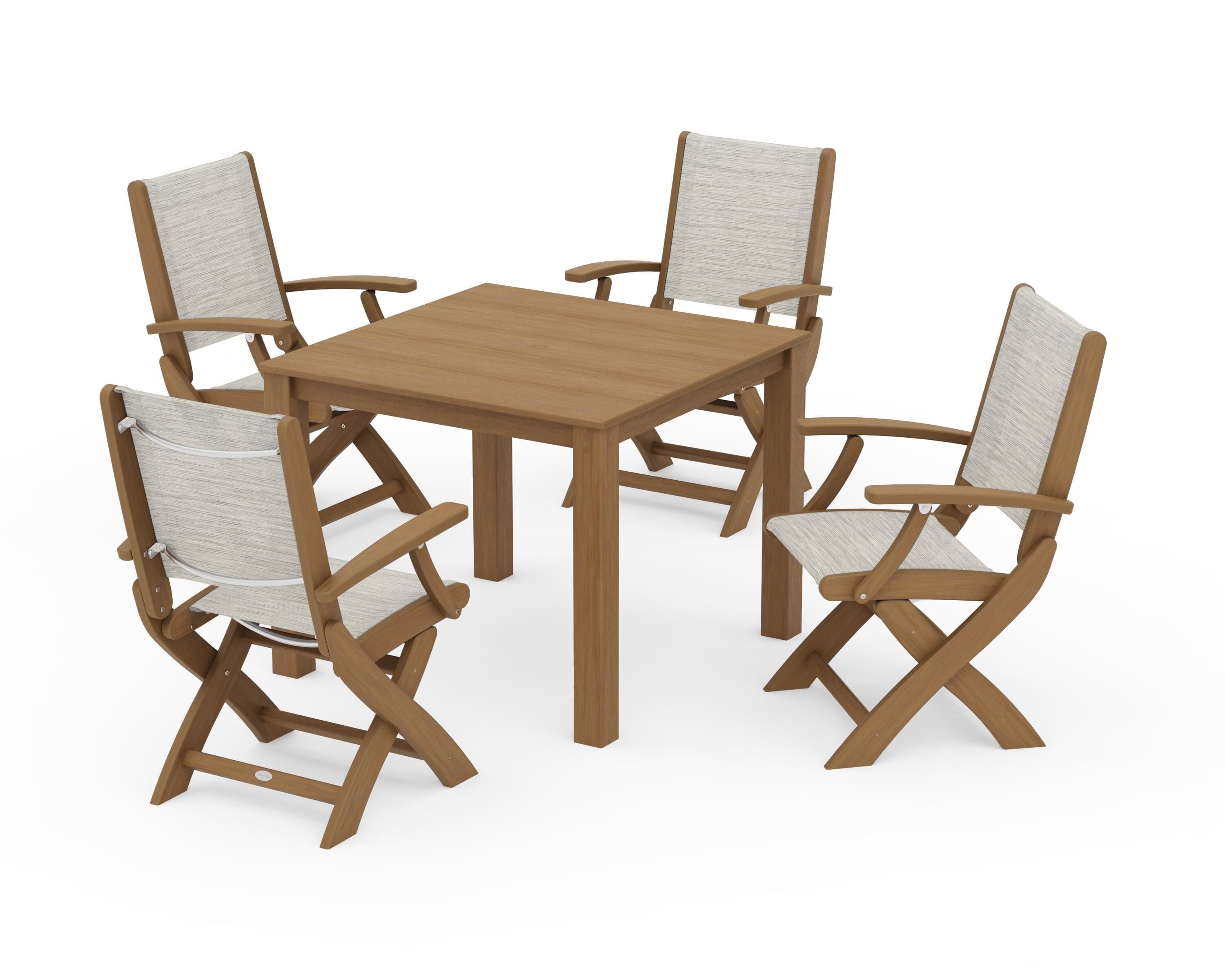 POLYWOOD Coastal Folding Chair 5-Piece Parsons Dining Set in Natural / Birch Sling