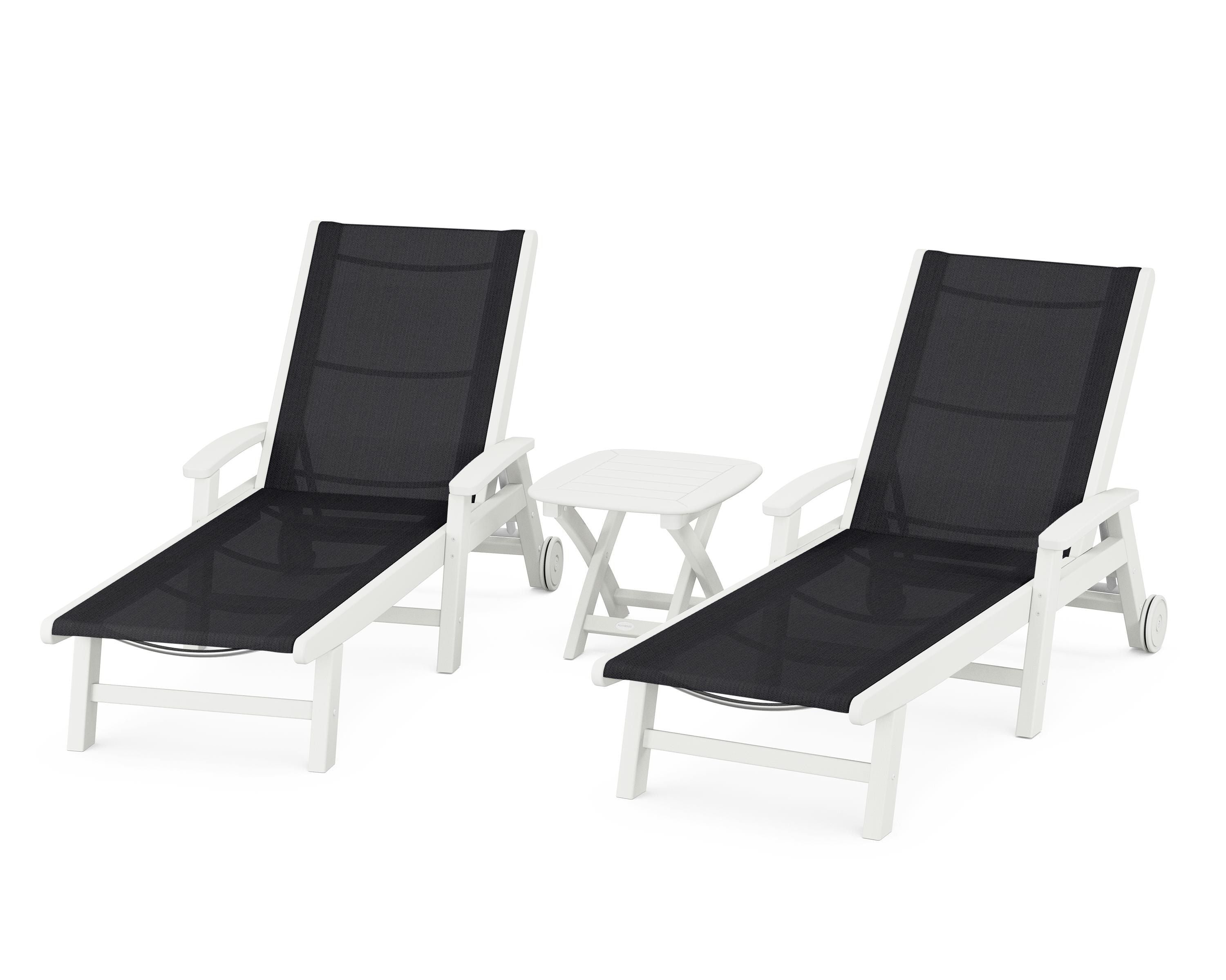POLYWOOD Coastal 3-Piece Wheeled Chaise Set in Vintage White / Black Sling