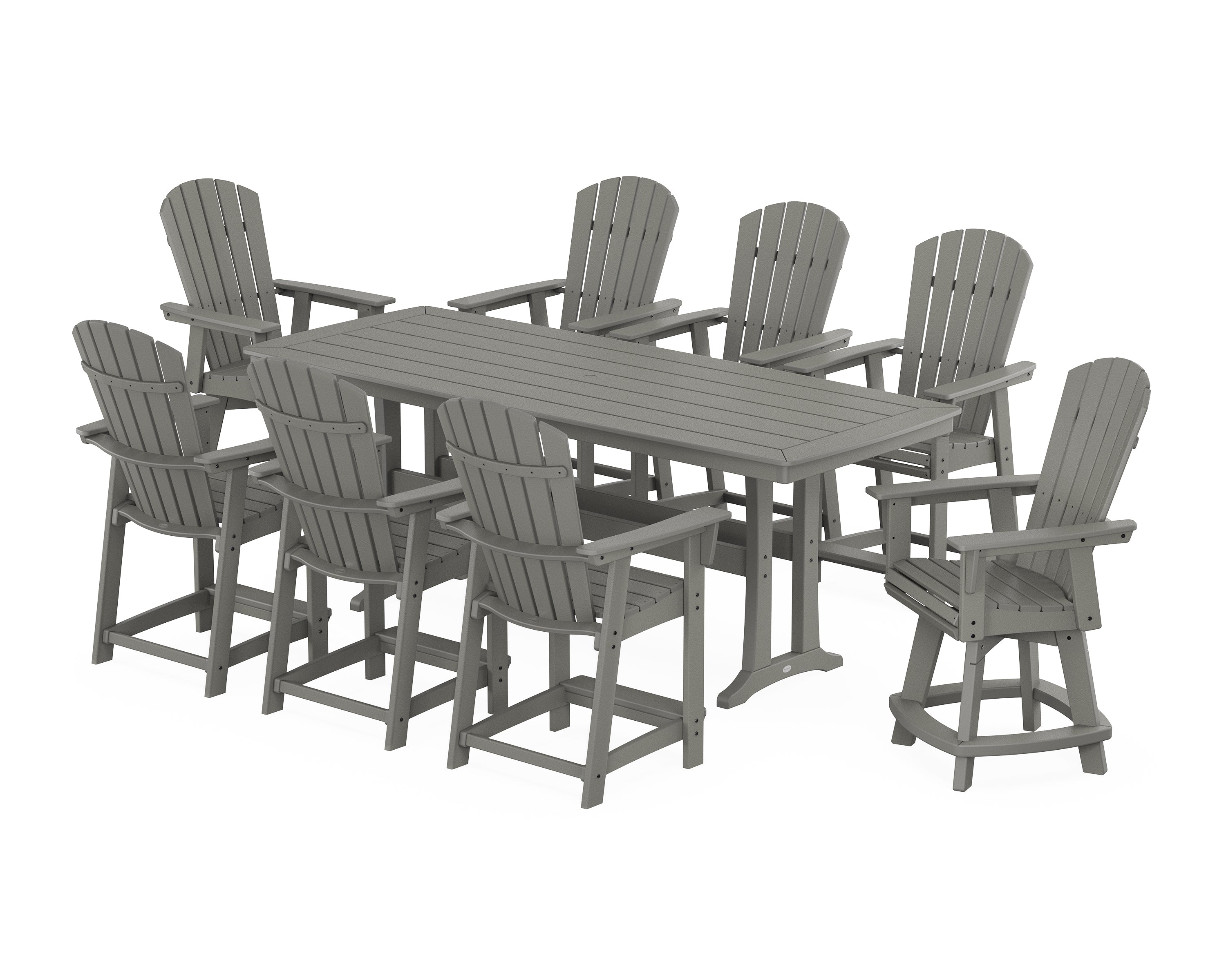 POLYWOOD® Nautical Curveback Adirondack Swivel 9-Piece Counter Set with Trestle Legs in Slate Grey