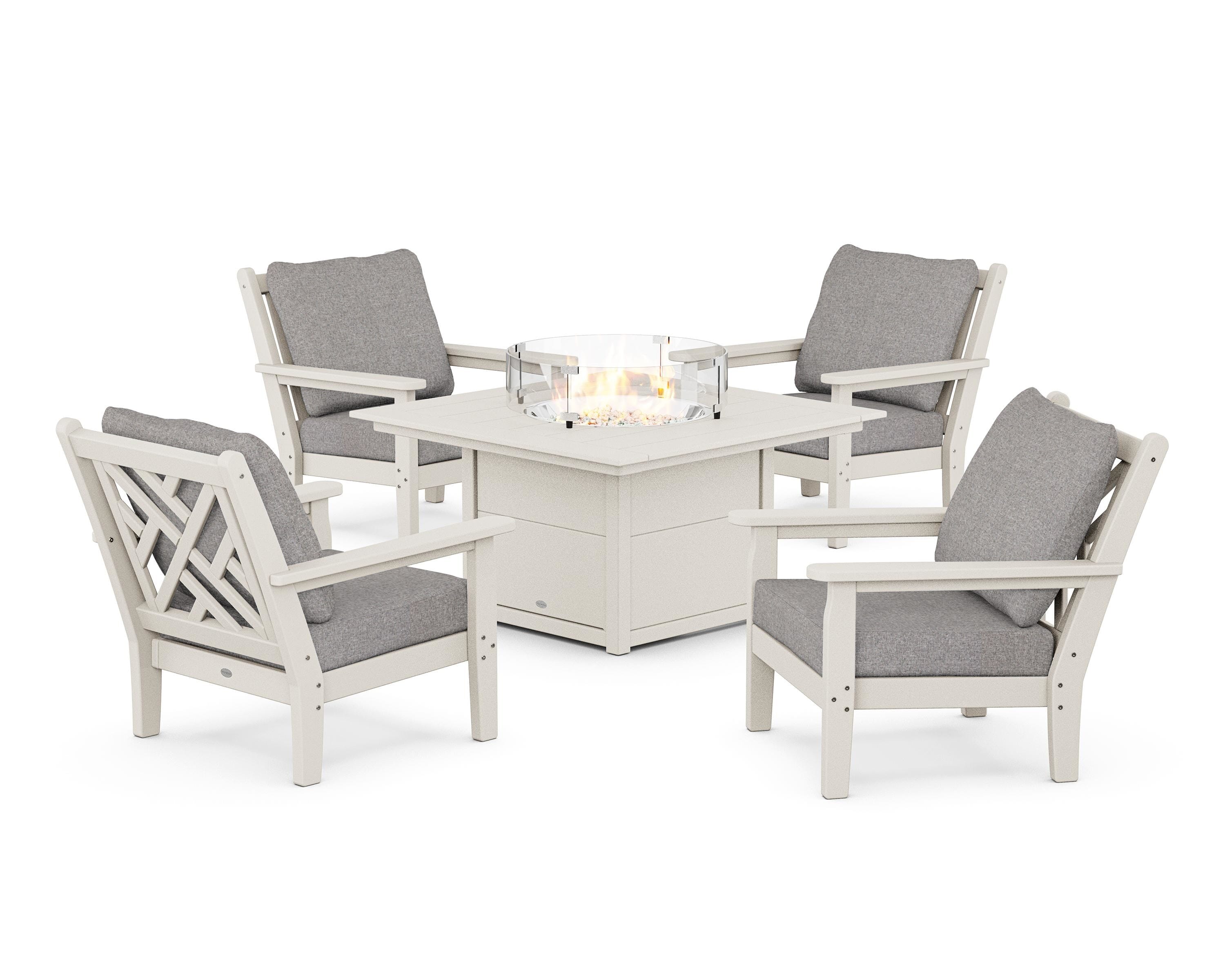 POLYWOOD Chippendale 5-Piece Deep Seating Set with Fire Pit Table in Sand / Grey Mist