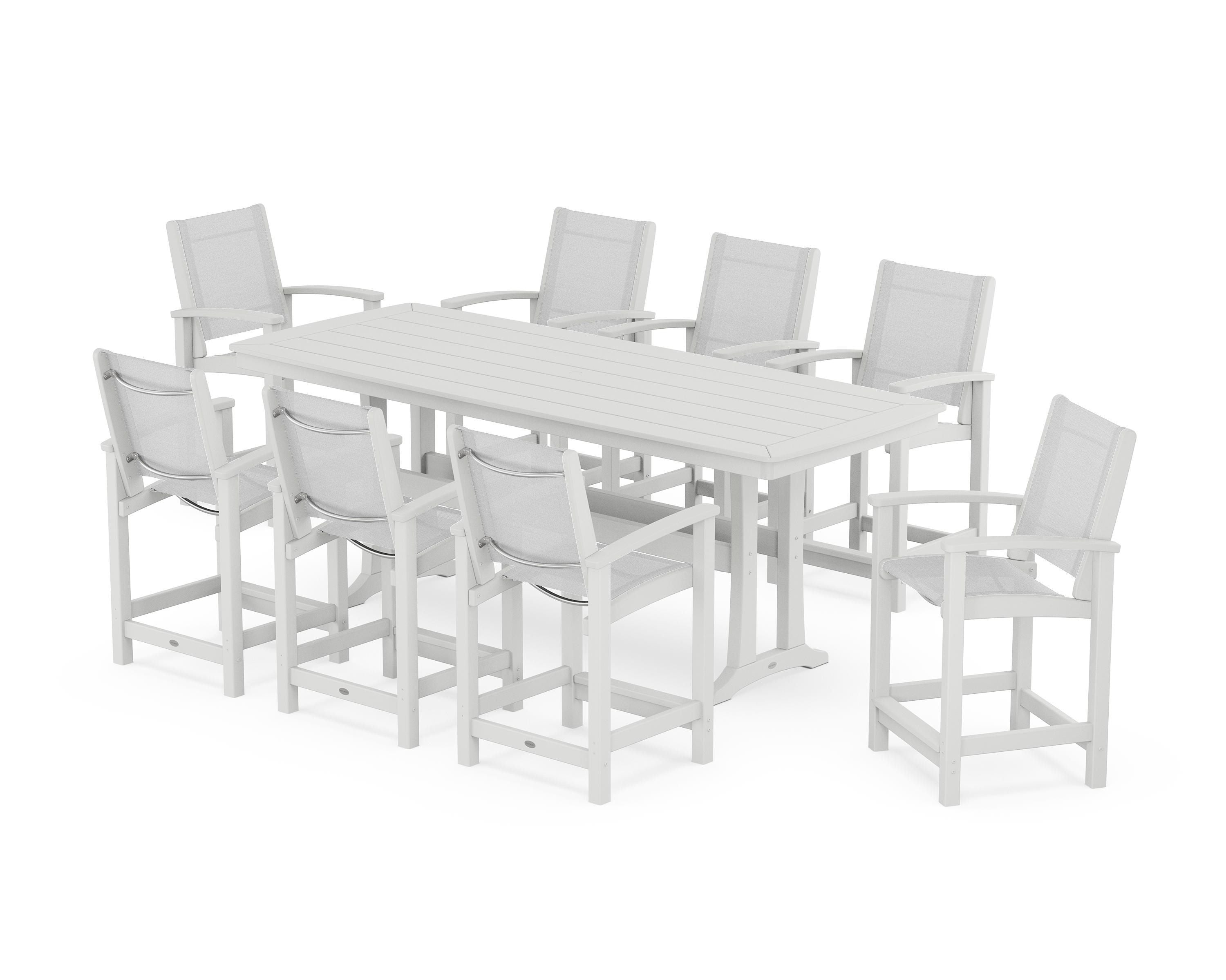 POLYWOOD Coastal 9-Piece Counter Set with Trestle Legs in White / White Sling