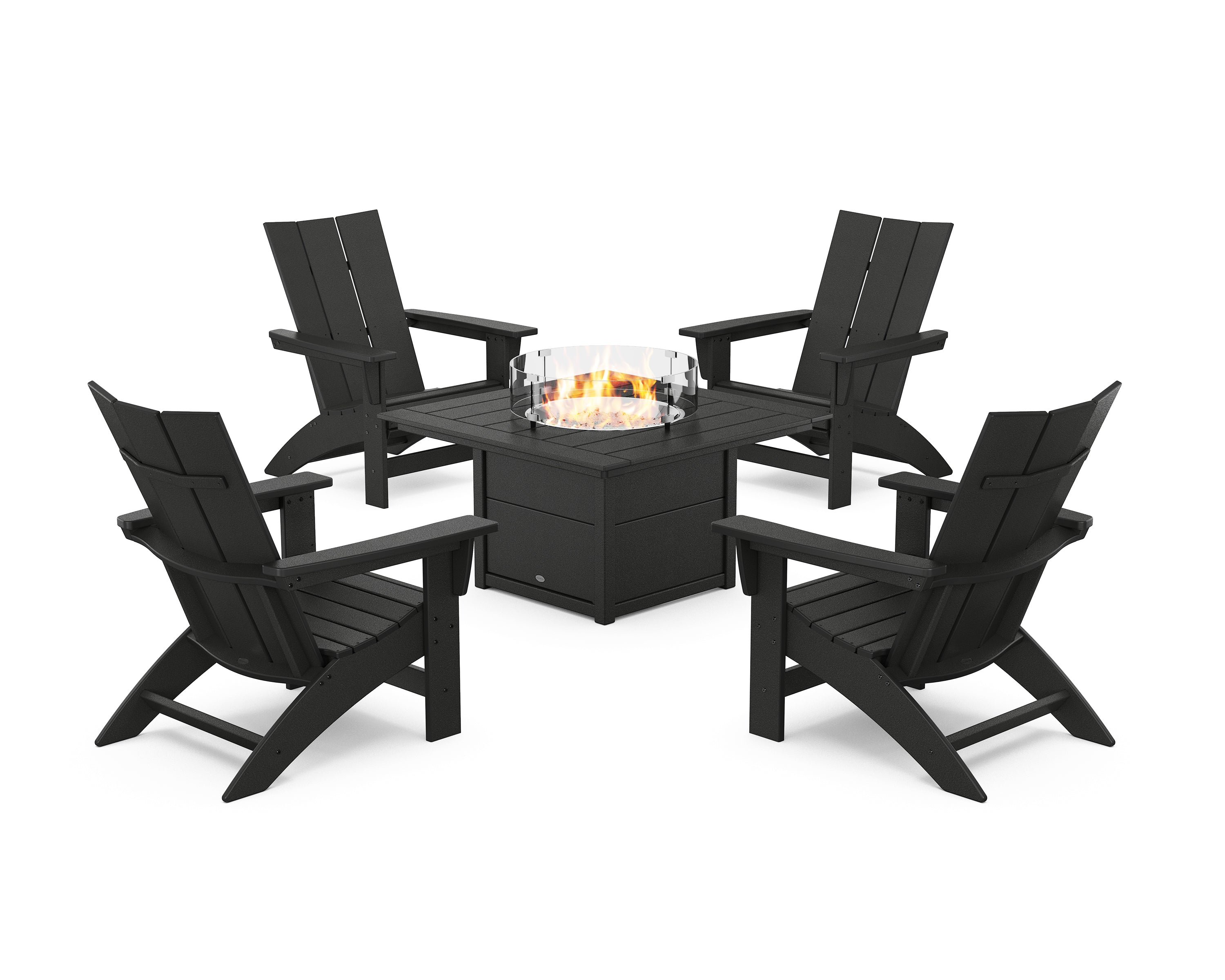 POLYWOOD 5-Piece Modern Grand Adirondack Conversation Set with Fire Pit Table in Black