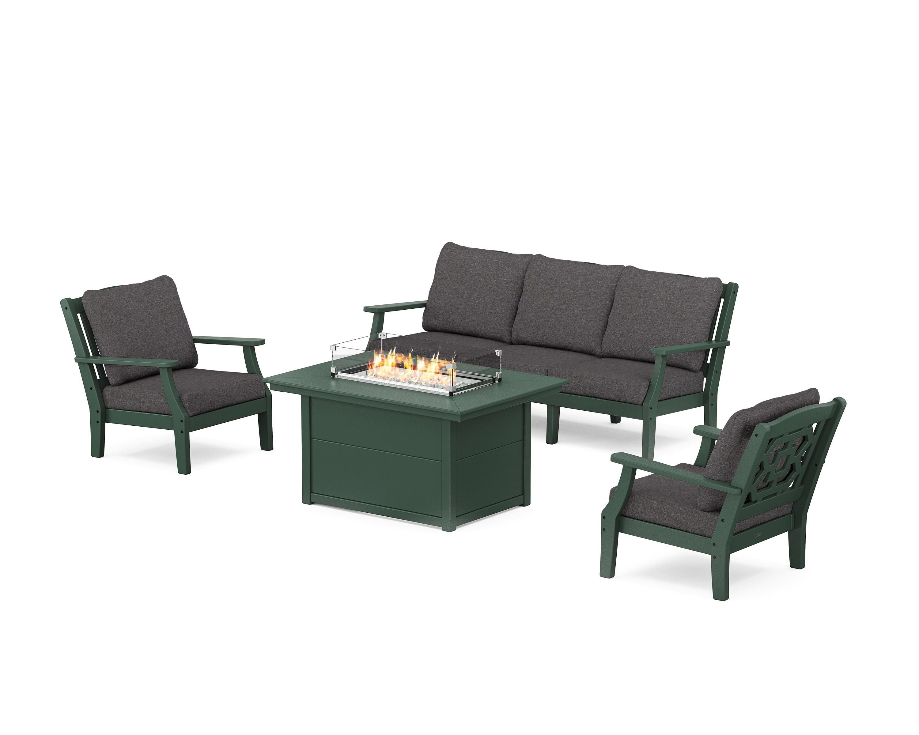 Martha Stewart by POLYWOOD Chinoiserie Deep Seating Fire Pit Table Set in Green / Ash Charcoal