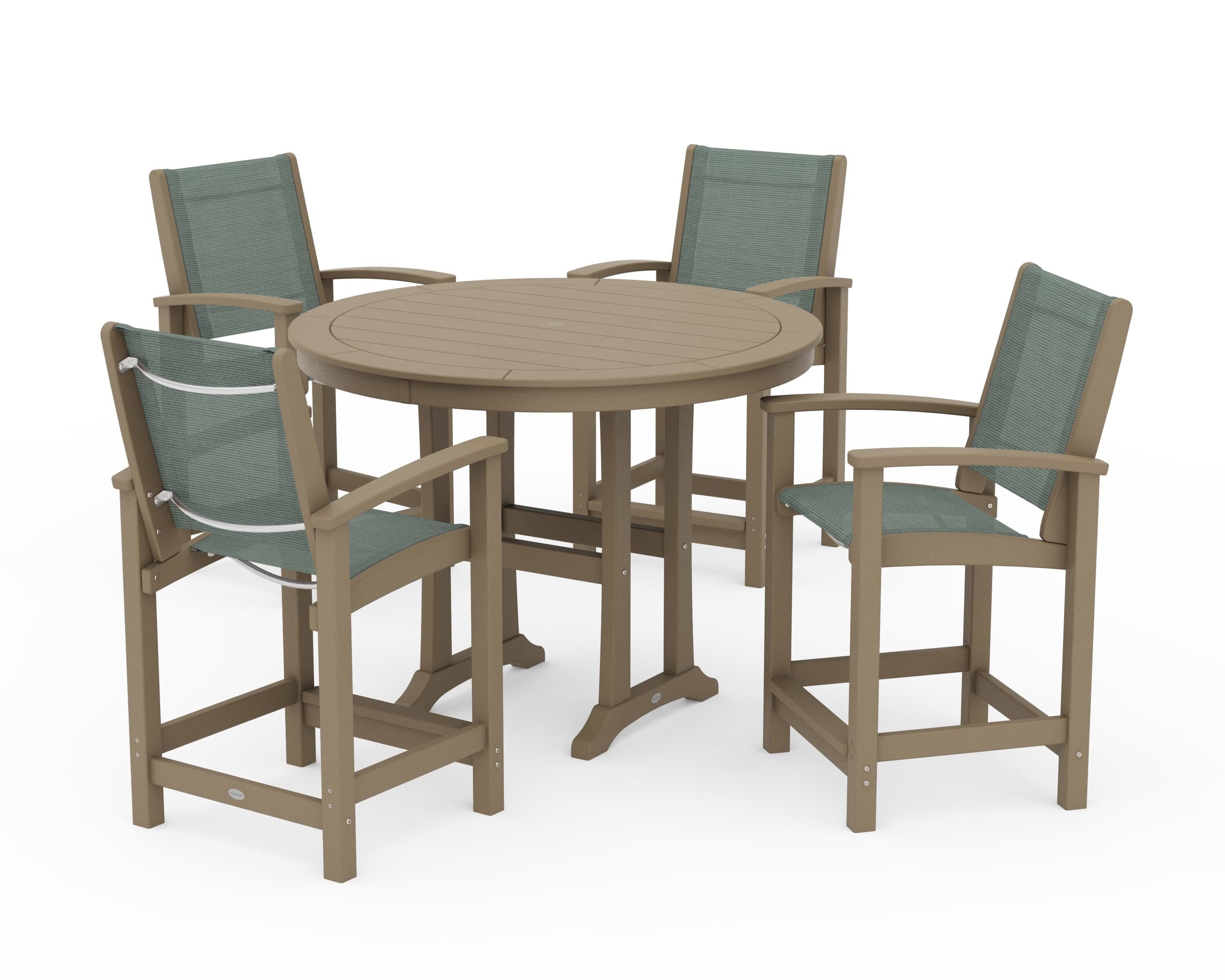 POLYWOOD Coastal 5-Piece Counter Set in Vintage Sahara / Dupioni Sea Mist Sling