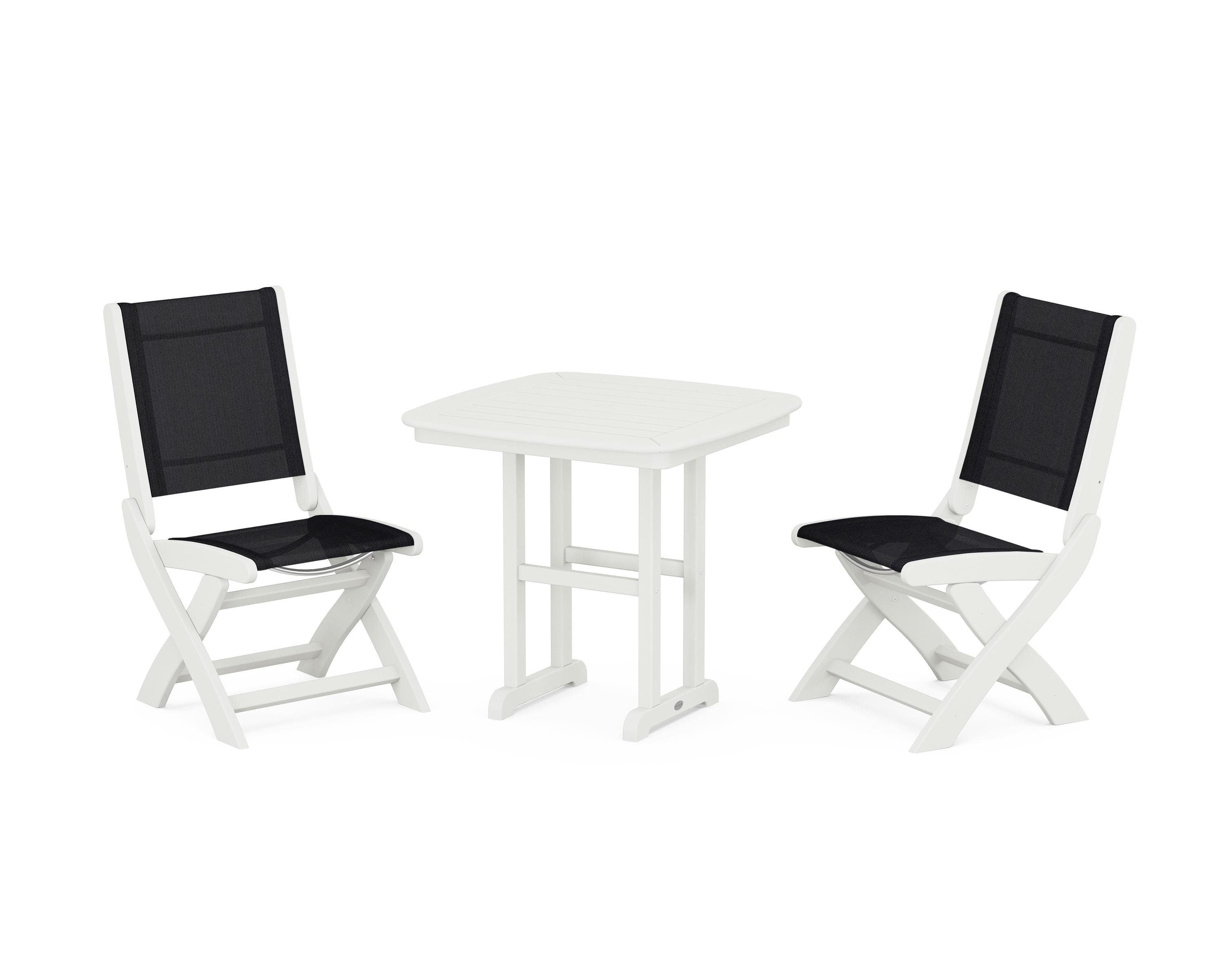 POLYWOOD Coastal Folding Side Chair 3-Piece Dining Set in Vintage White / Black Sling