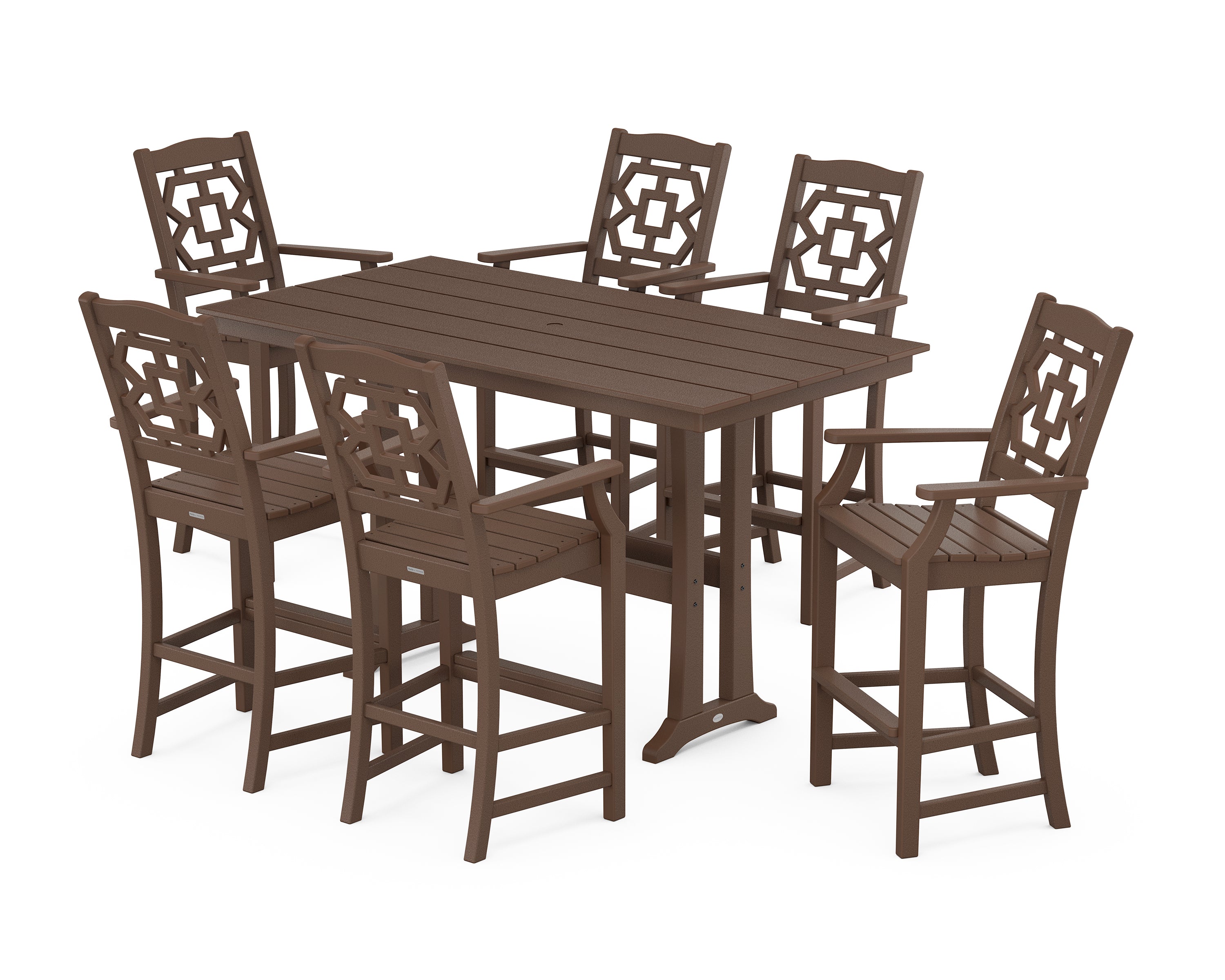 Martha Stewart by POLYWOOD Chinoiserie Arm Chair 7-Piece Farmhouse Bar Set with Trestle Legs in Mahogany