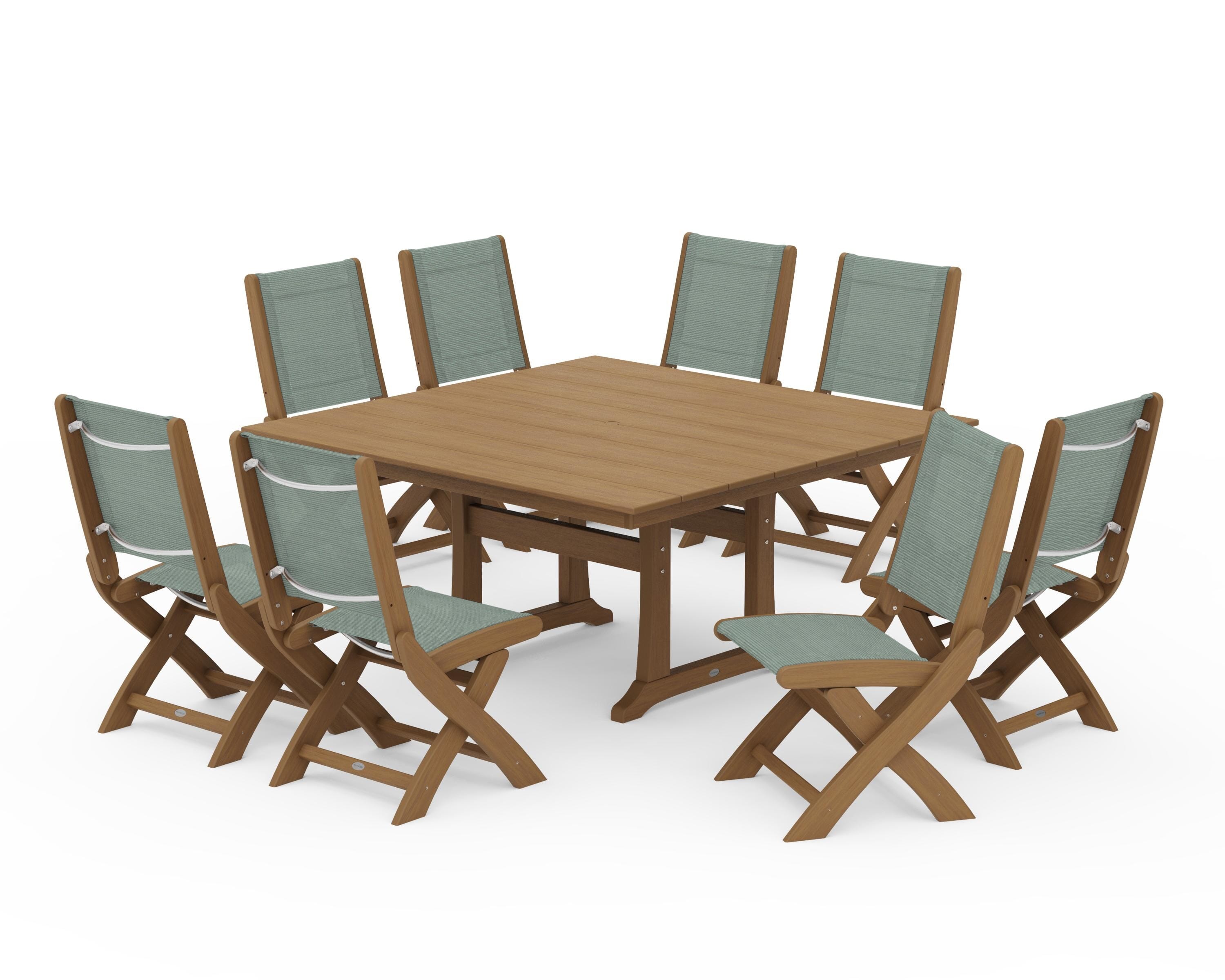 POLYWOOD Coastal Folding Side Chair 9-Piece Farmhouse Dining Set in Natural / Dupioni Sea Mist Sling