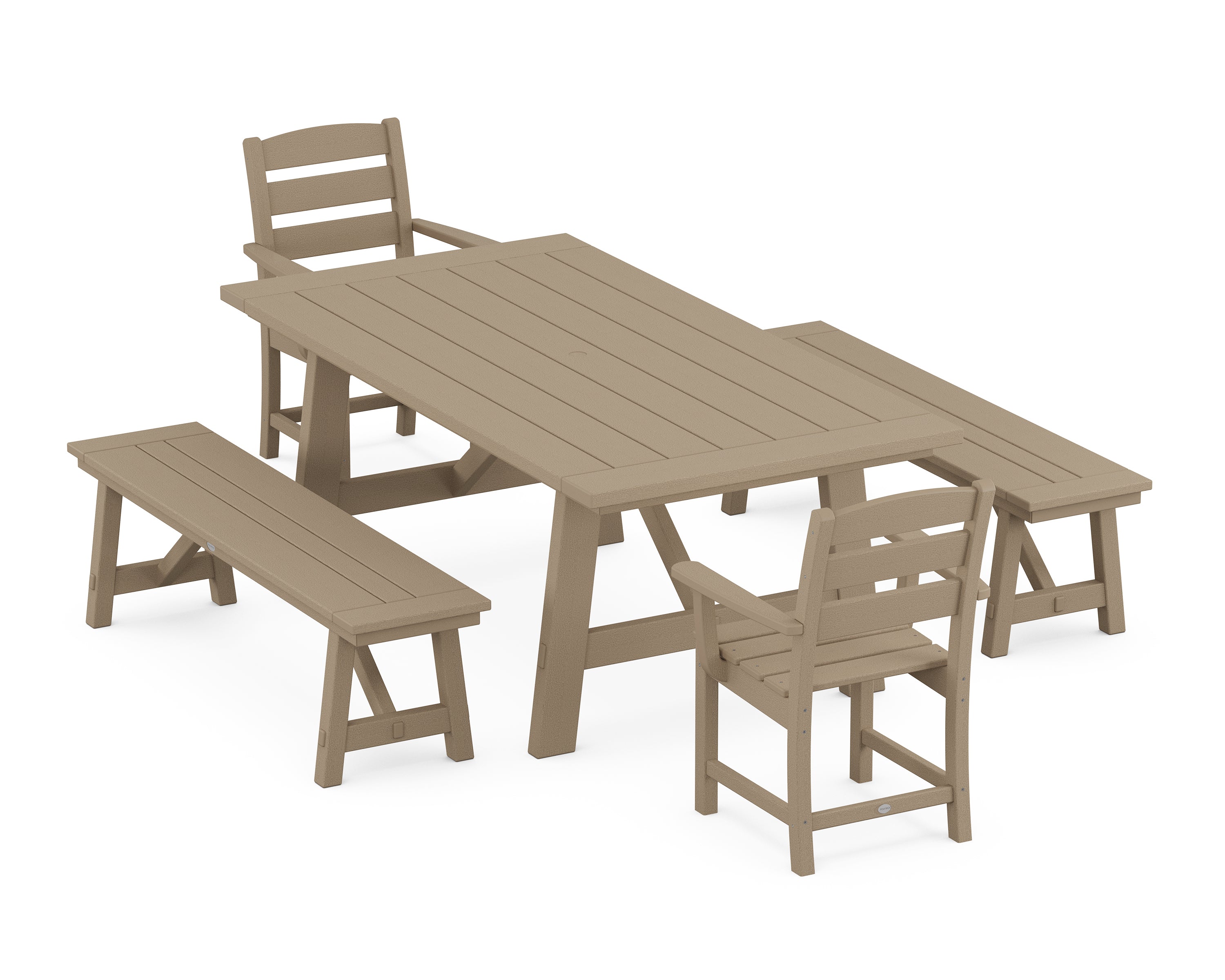POLYWOOD Lakeside 5-Piece Rustic Farmhouse Dining Set With Benches in Vintage Sahara