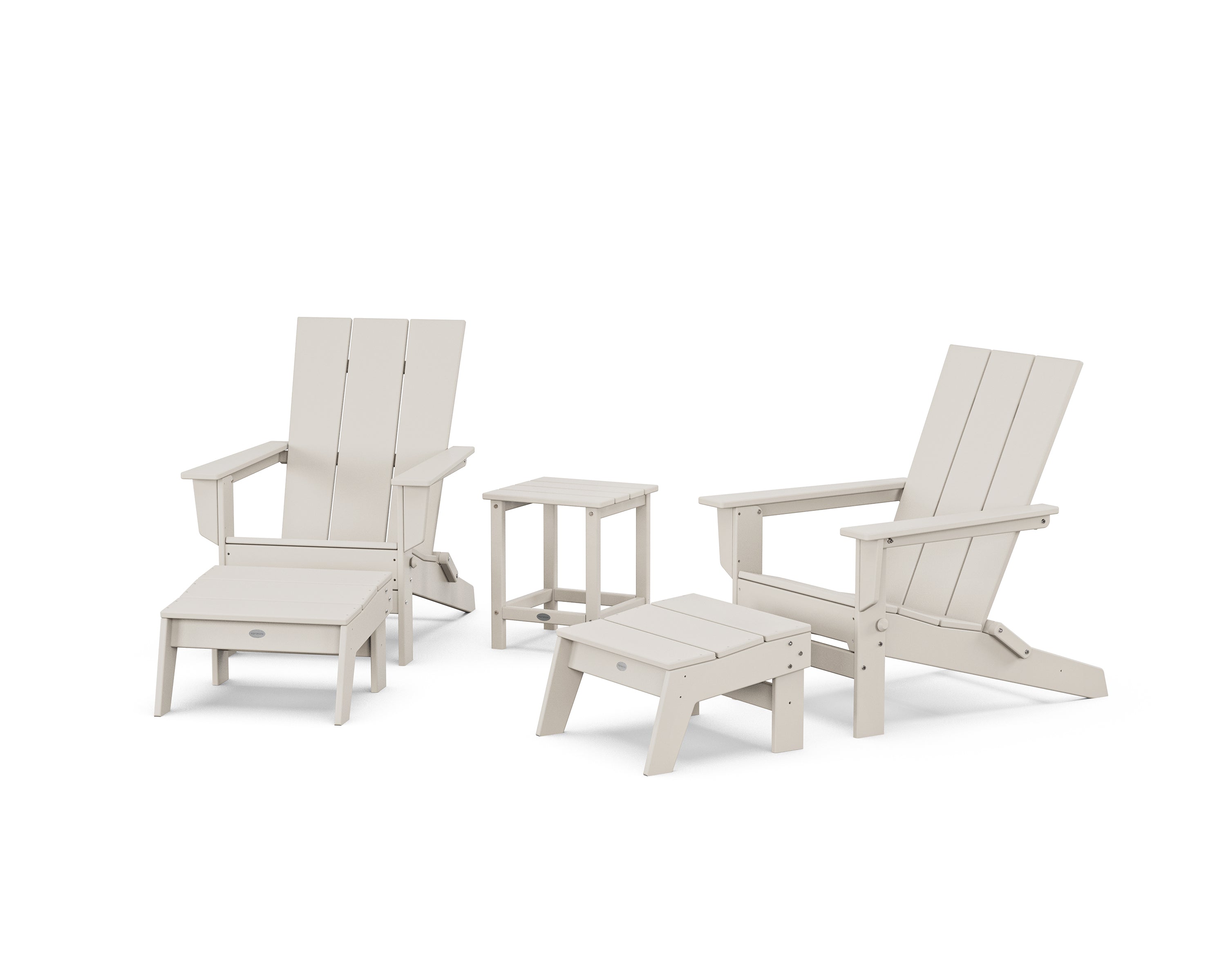 POLYWOOD 5-Piece Modern Studio Folding Adirondack Set with Ottomans and Side Table in Sand