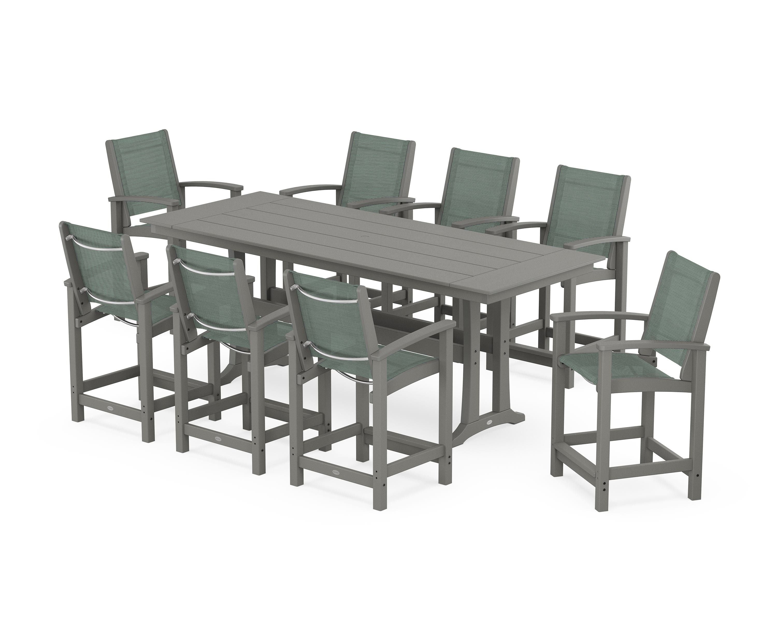 POLYWOOD Coastal 9-Piece Farmhouse Counter Set with Trestle Legs in Slate Grey / Dupioni Sea Mist Sling