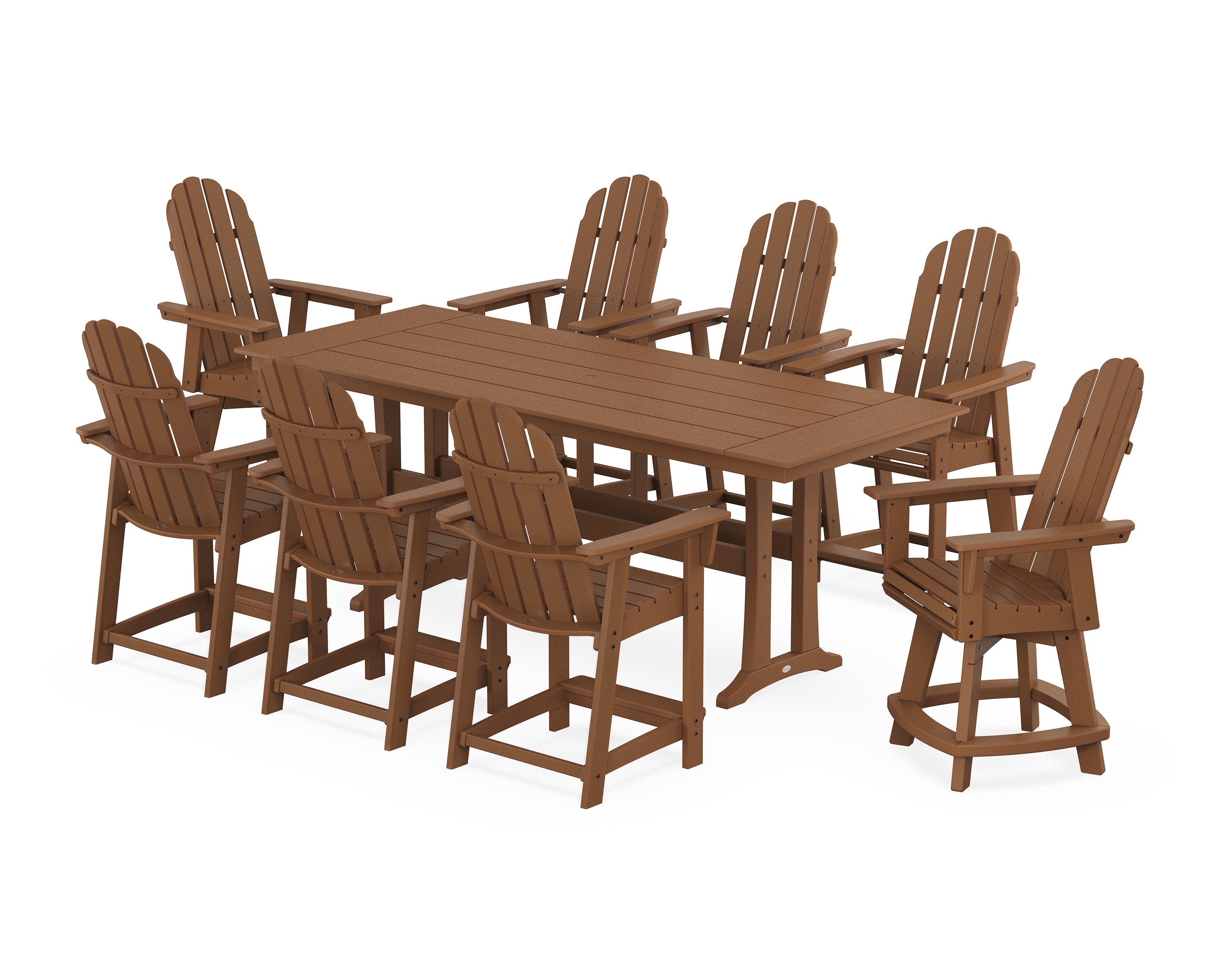 POLYWOOD Vineyard Curveback Adirondack Swivel 9-Piece Farmhouse Counter Set with Trestle Legs in Teak