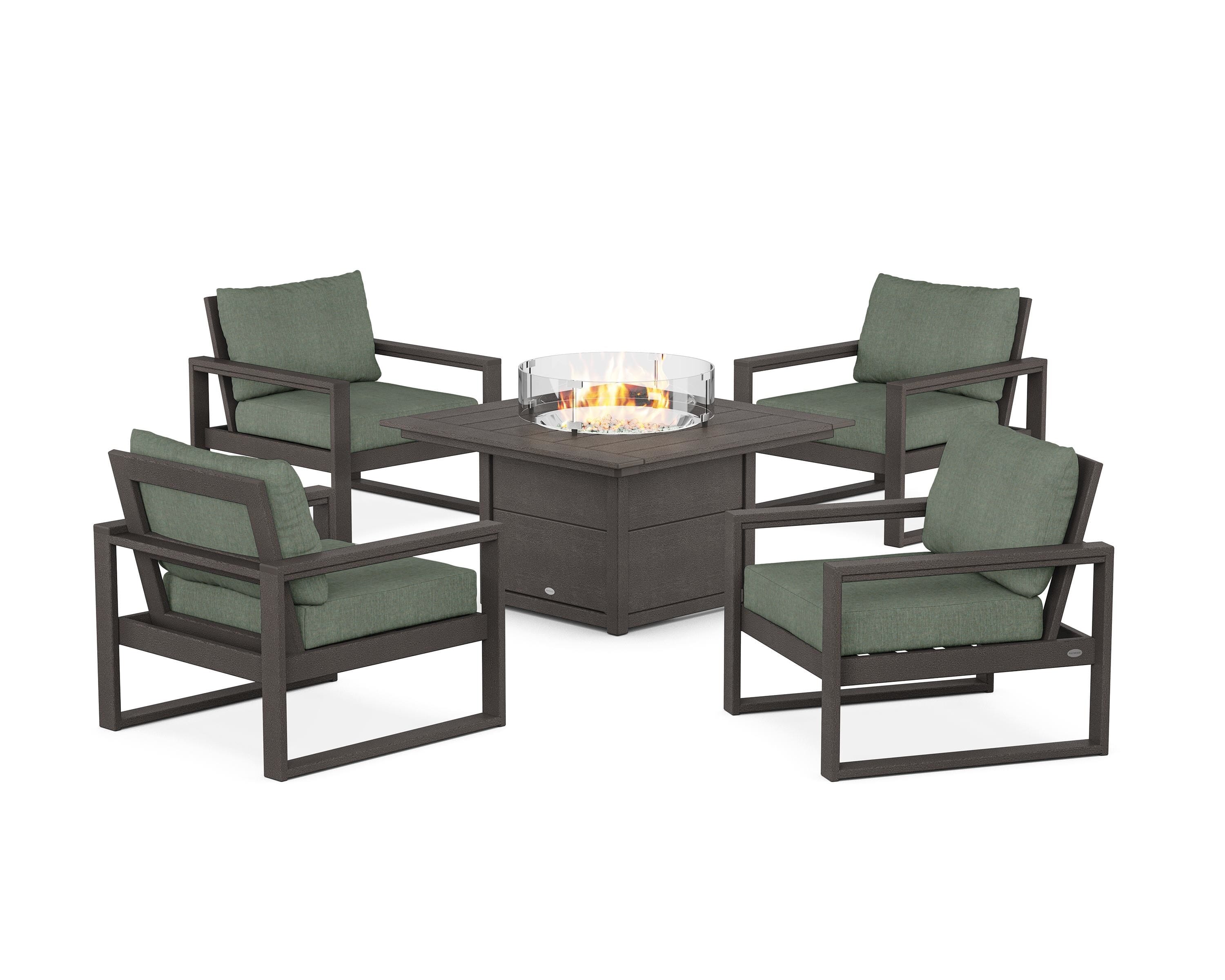 POLYWOOD EDGE Sectional 5-Piece Deep Seating Set with Fire Pit Table in Vintage Coffee / Cast Sage