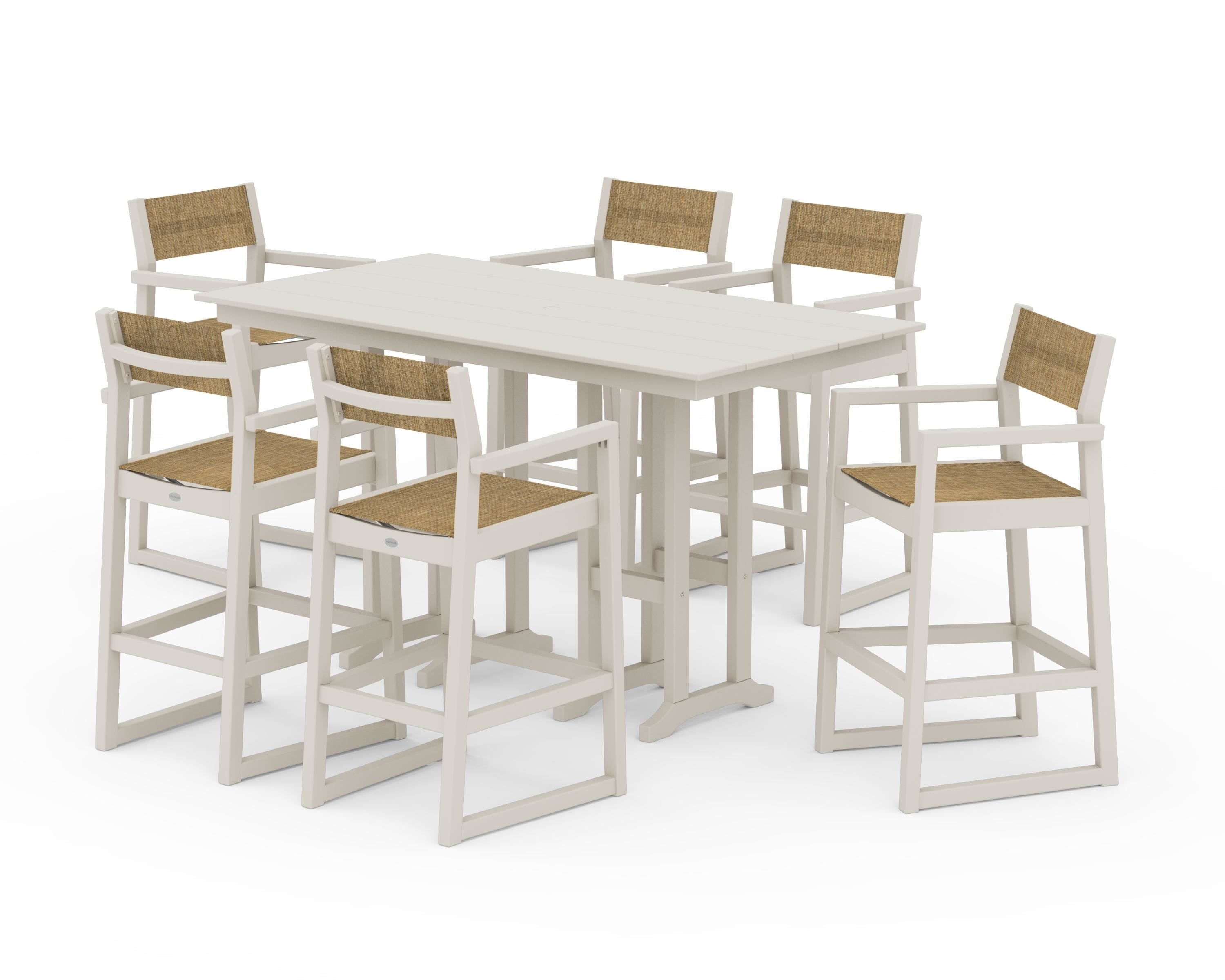 POLYWOOD EDGE Sling Arm Chair 7-Piece Farmhouse Bar Set in Sand / Burlap Sling