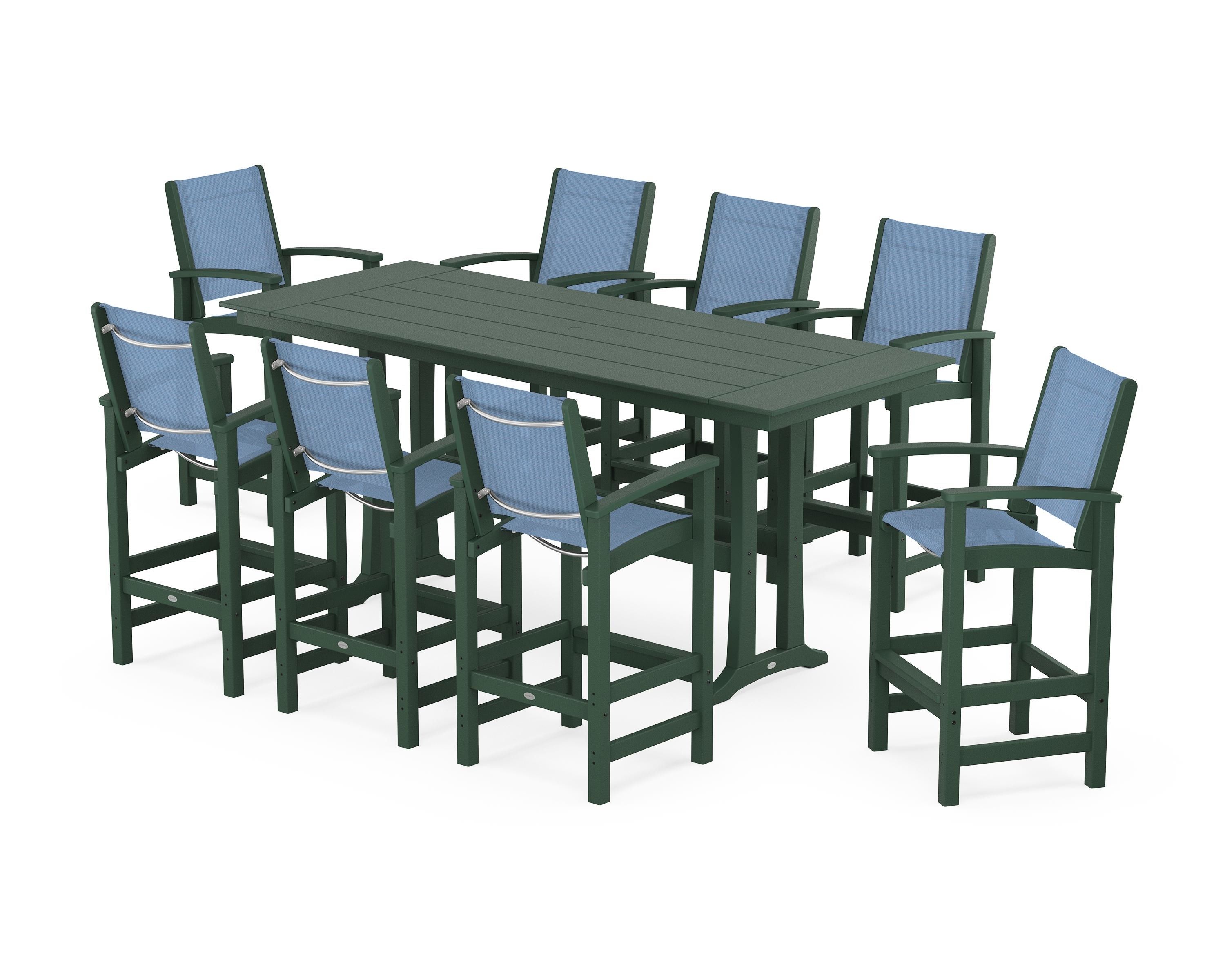 POLYWOOD Coastal 9-Piece Farmhouse Bar Set with Trestle Legs in Green / Poolside Sling
