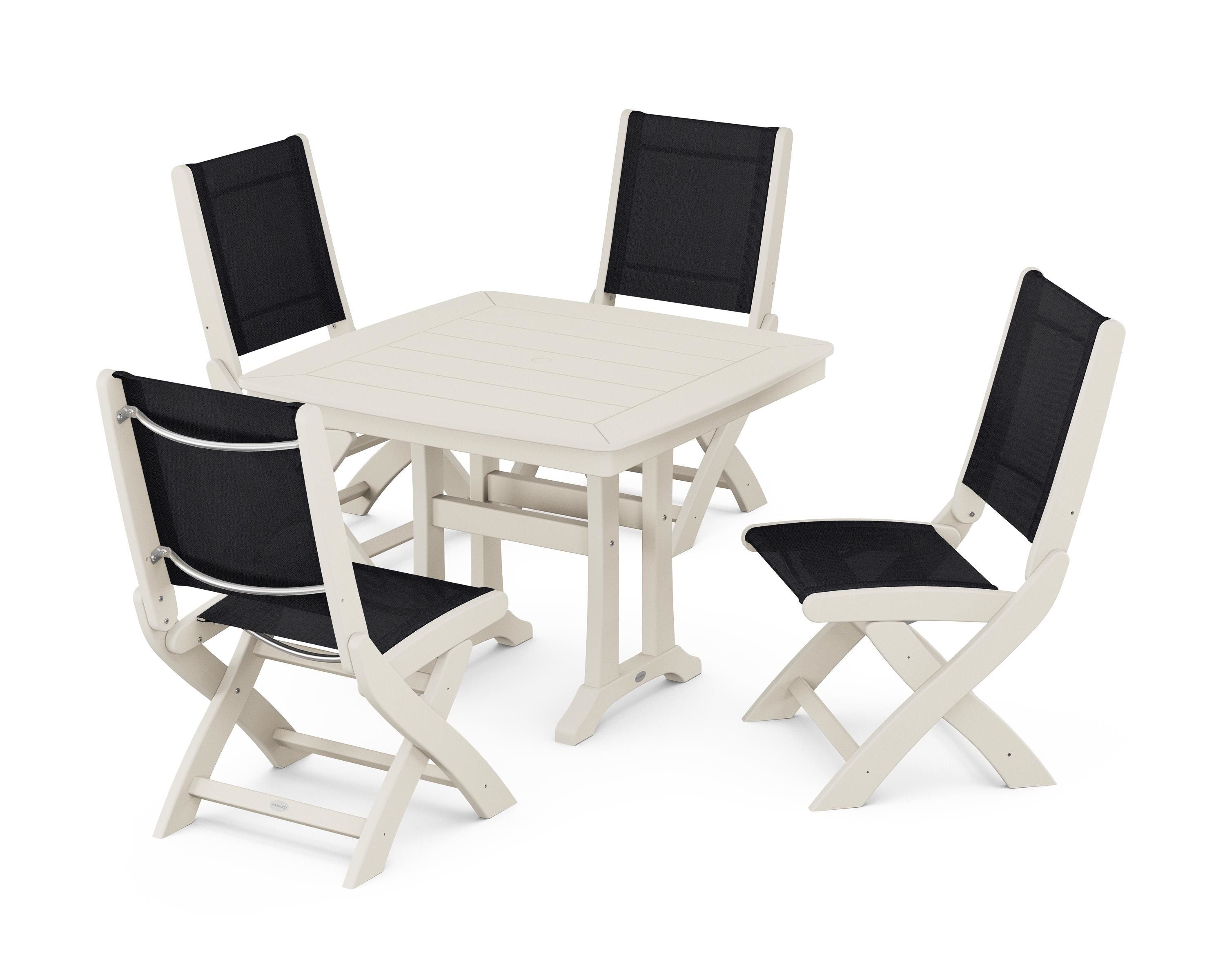 POLYWOOD Coastal Folding Side Chair 5-Piece Dining Set with Trestle Legs in Sand / Black Sling