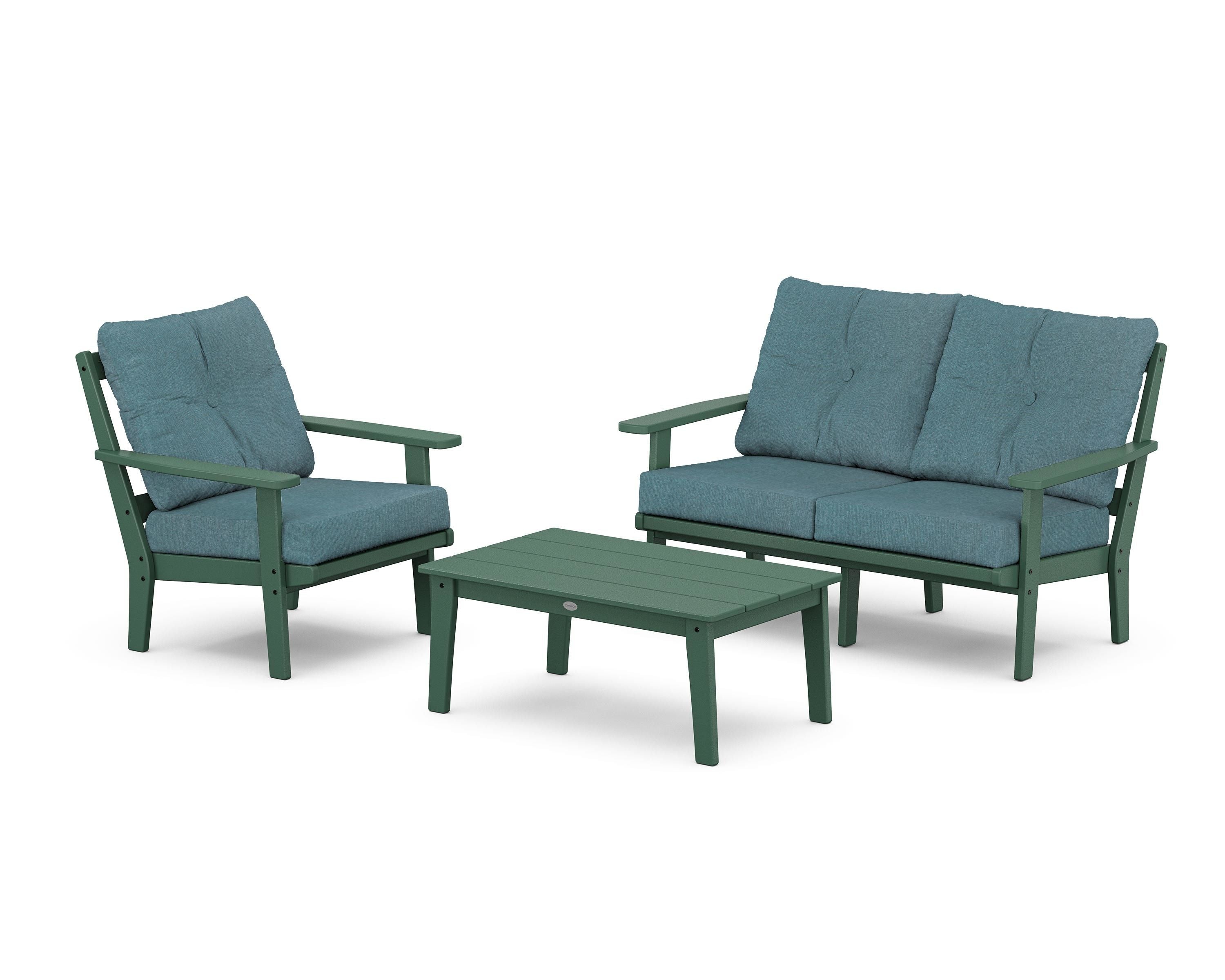 POLYWOOD Oxford 3-Piece Deep Seating Set with Loveseat in Green / Ocean Teal