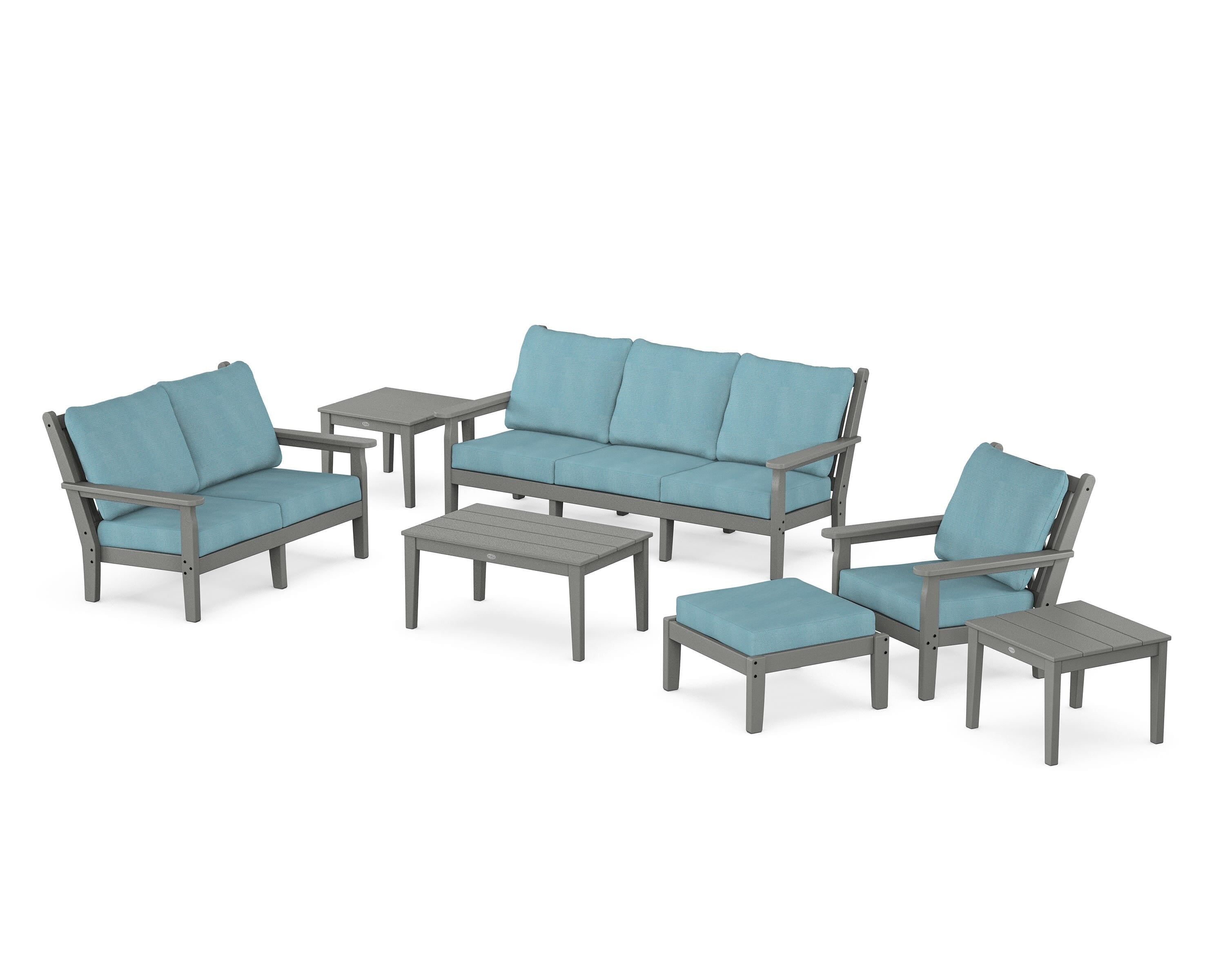 POLYWOOD Chippendale 7-Piece Deep Seating Set in Slate Grey / Lattice Sky Blue
