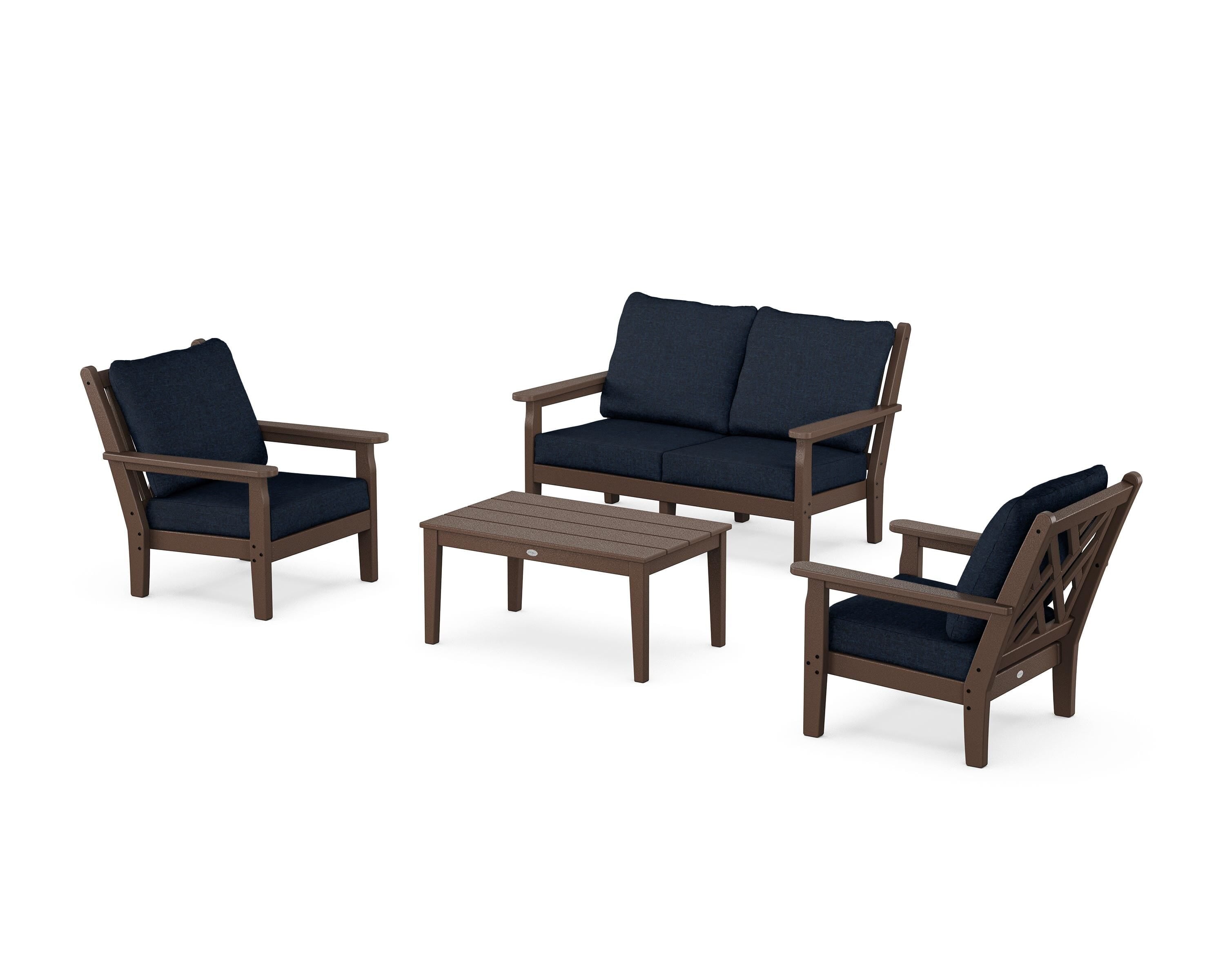 POLYWOOD Chippendale 4-Piece Deep Seating Set with Loveseat in Mahogany / Marine Indigo