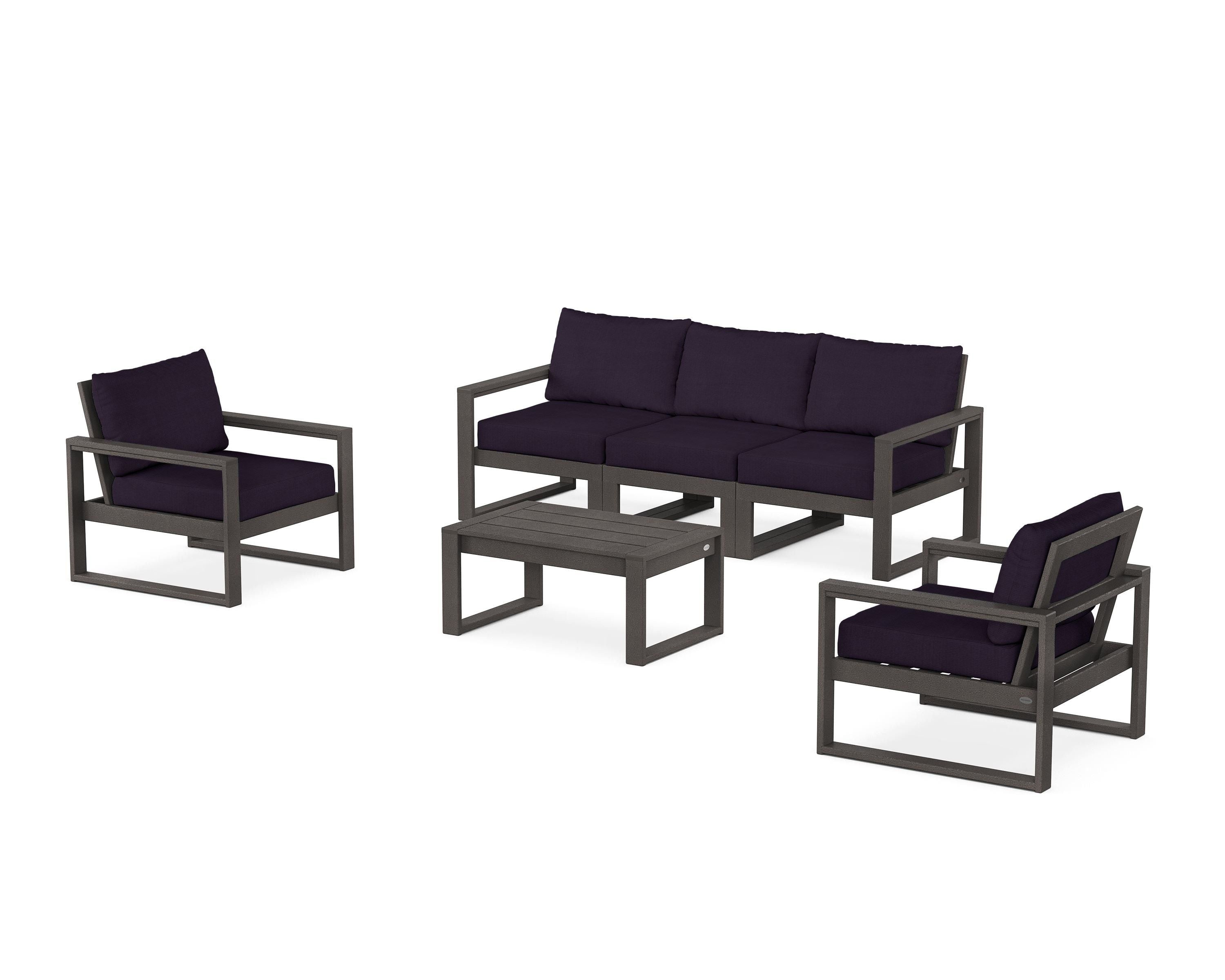 POLYWOOD EDGE Sectional 4-Piece Deep Seating Set with Sofa in Vintage Coffee / Navy Linen