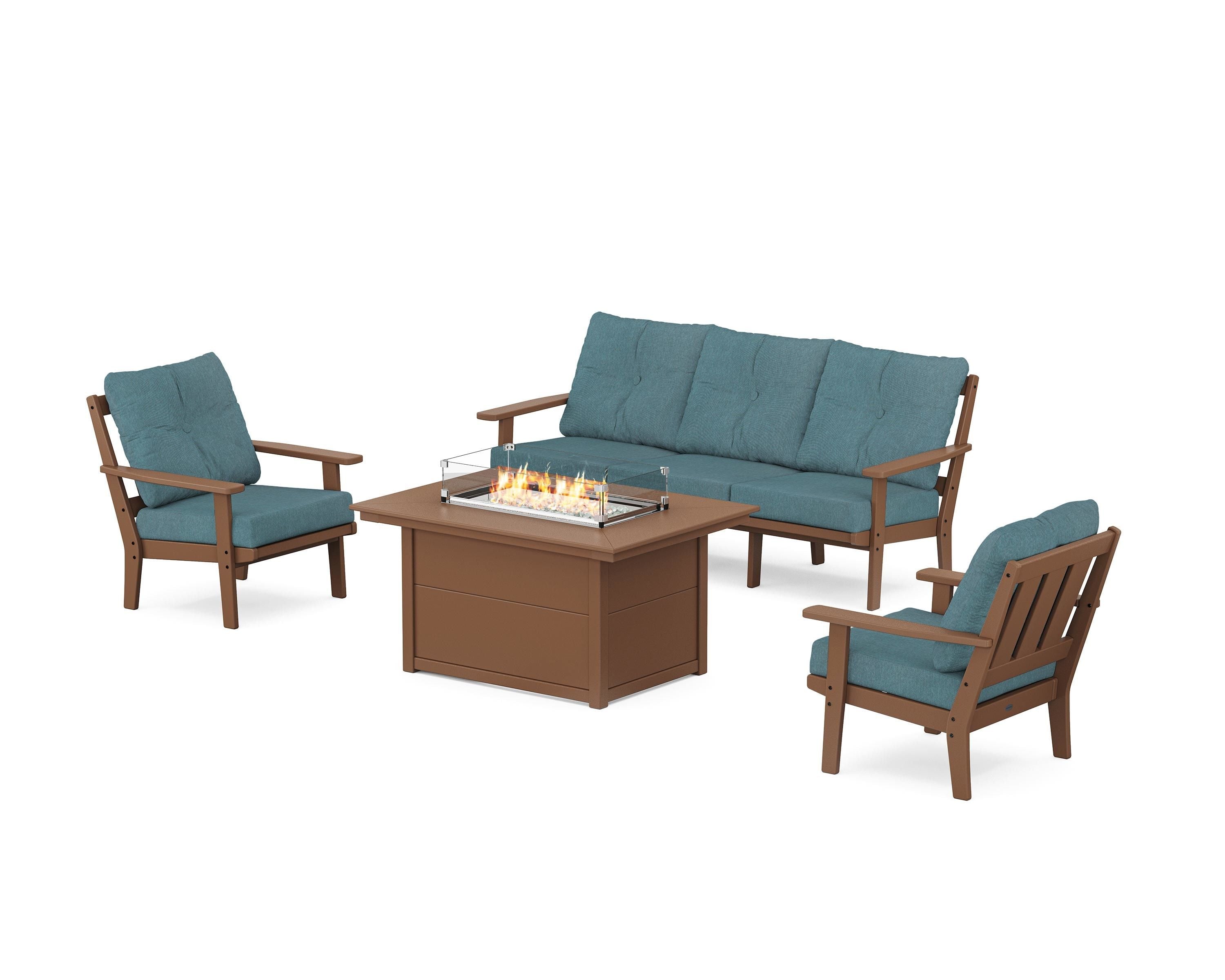 POLYWOOD Oxford Deep Seating Fire Pit Table Set in Teak / Ocean Teal