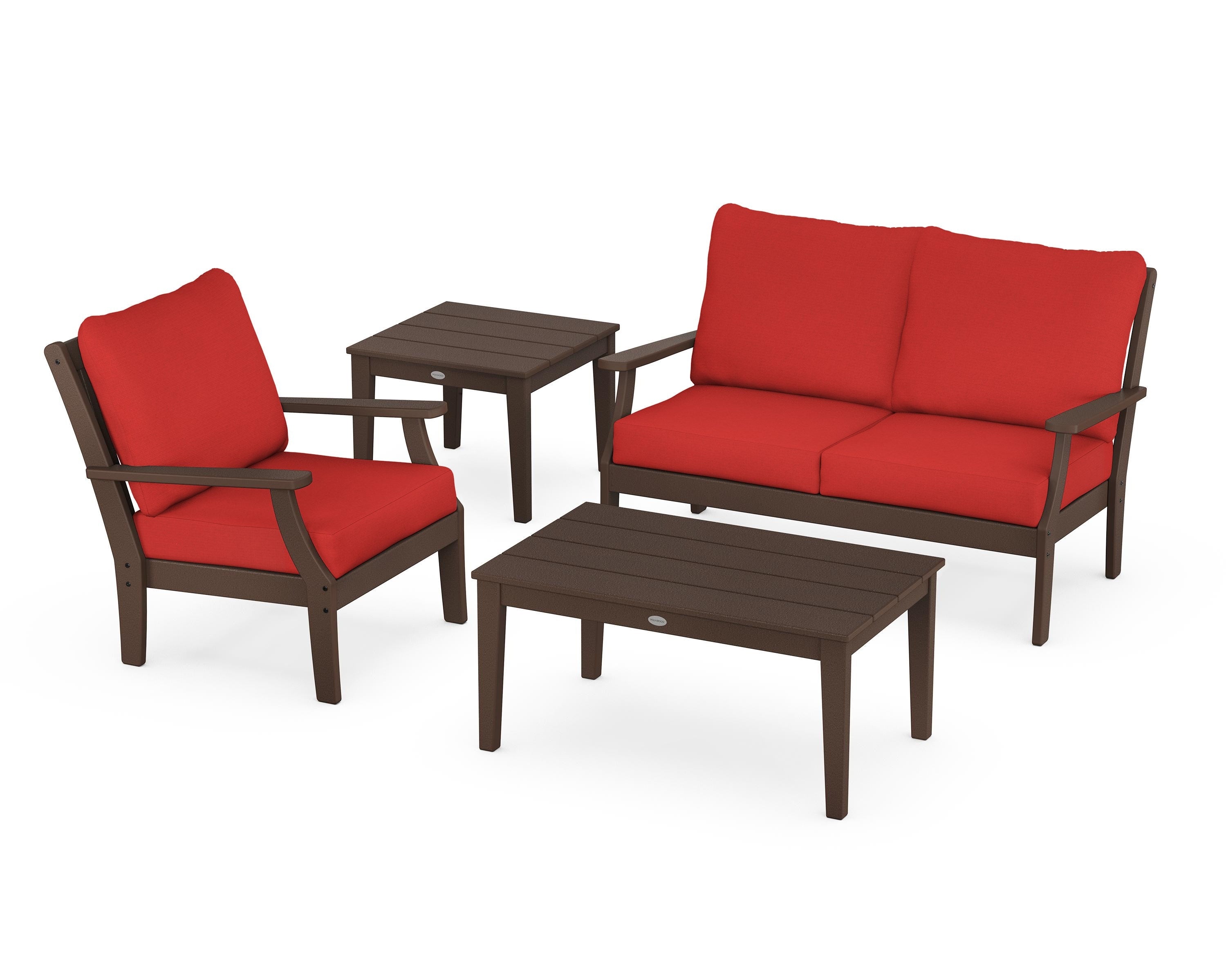 POLYWOOD Braxton 4-Piece Deep Seating Set in Mahogany / Crimson Linen