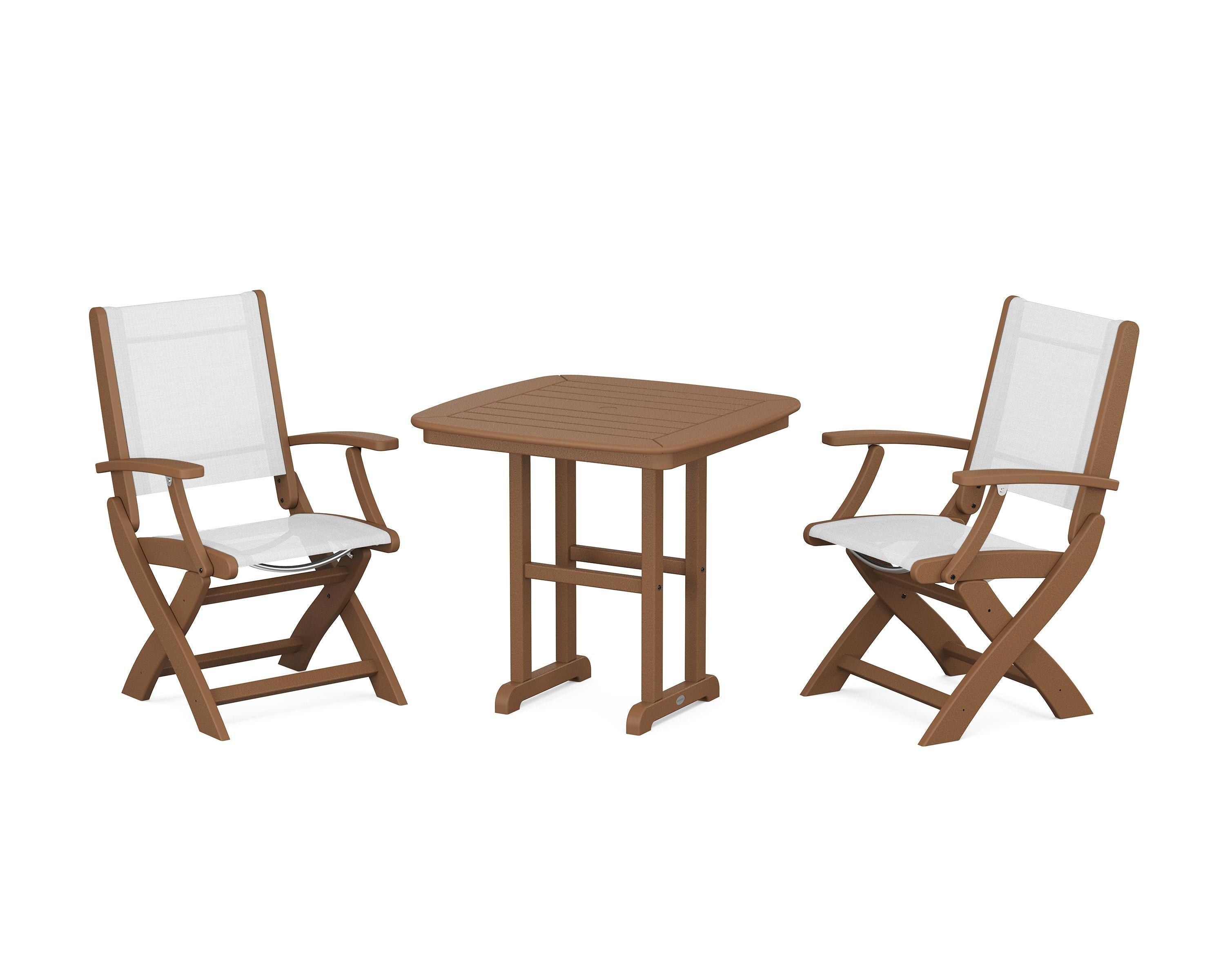 POLYWOOD Coastal Folding Chair 3-Piece Dining Set in Teak / White Sling