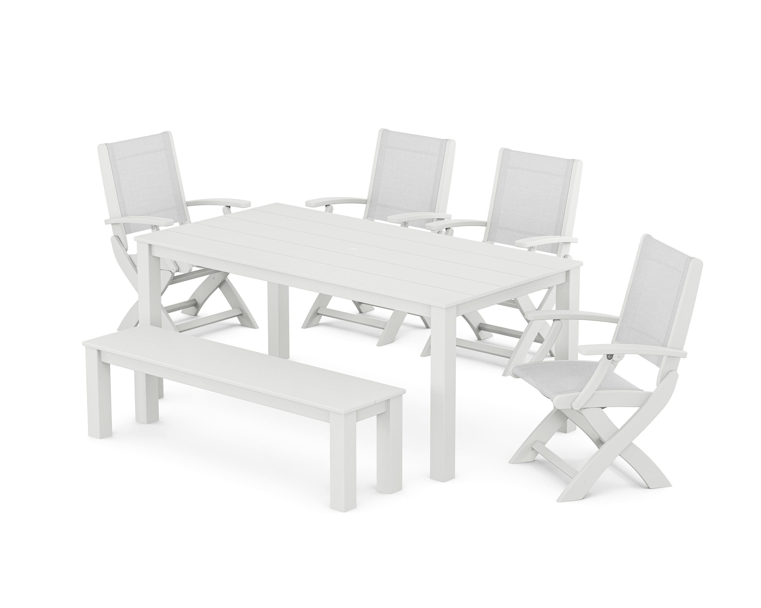 POLYWOOD Coastal Folding Chair 6-Piece Parsons Dining Set with Bench in White / White Sling