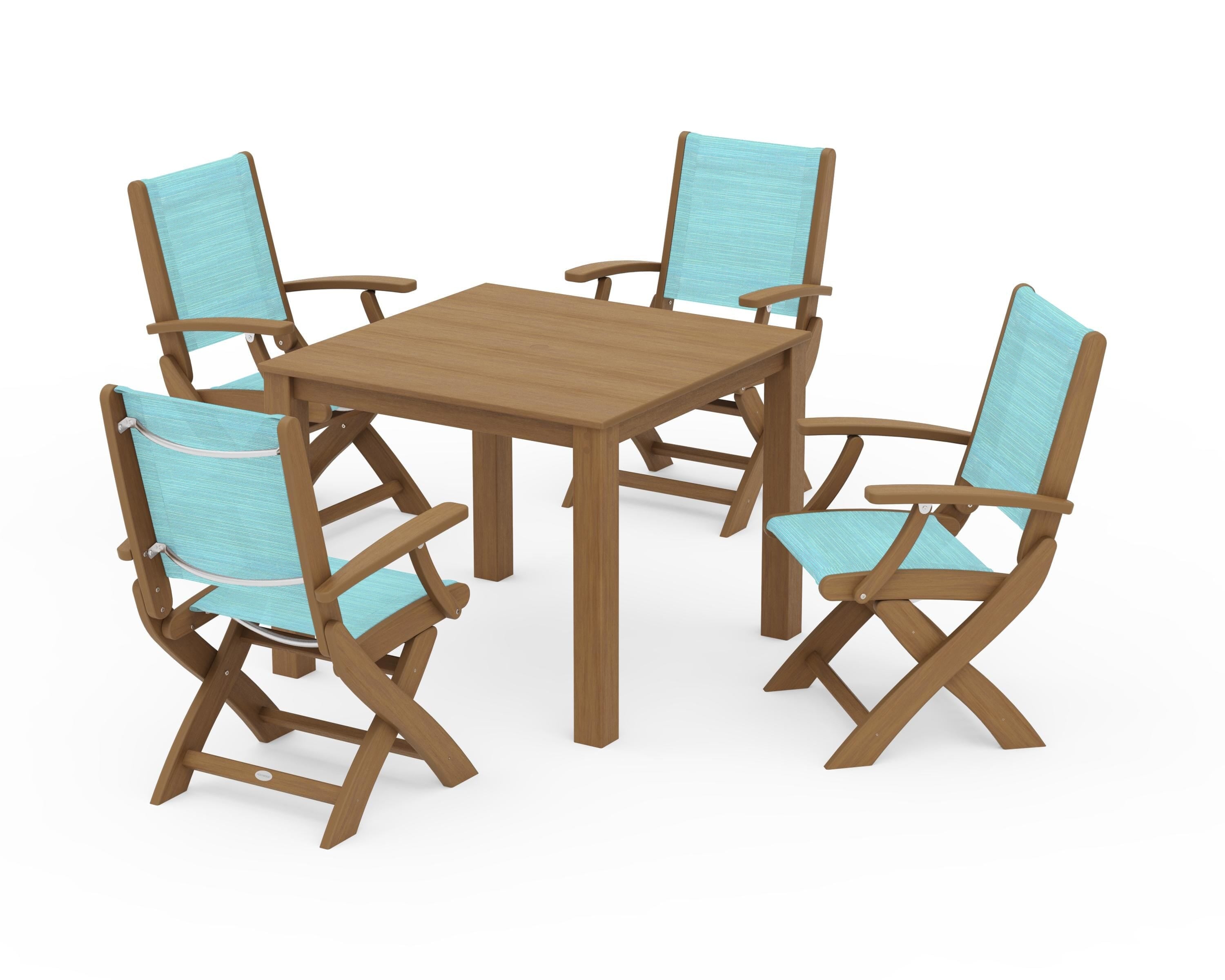 POLYWOOD Coastal Folding Chair 5-Piece Parsons Dining Set in Natural / Dupioni Aquamarine Sling